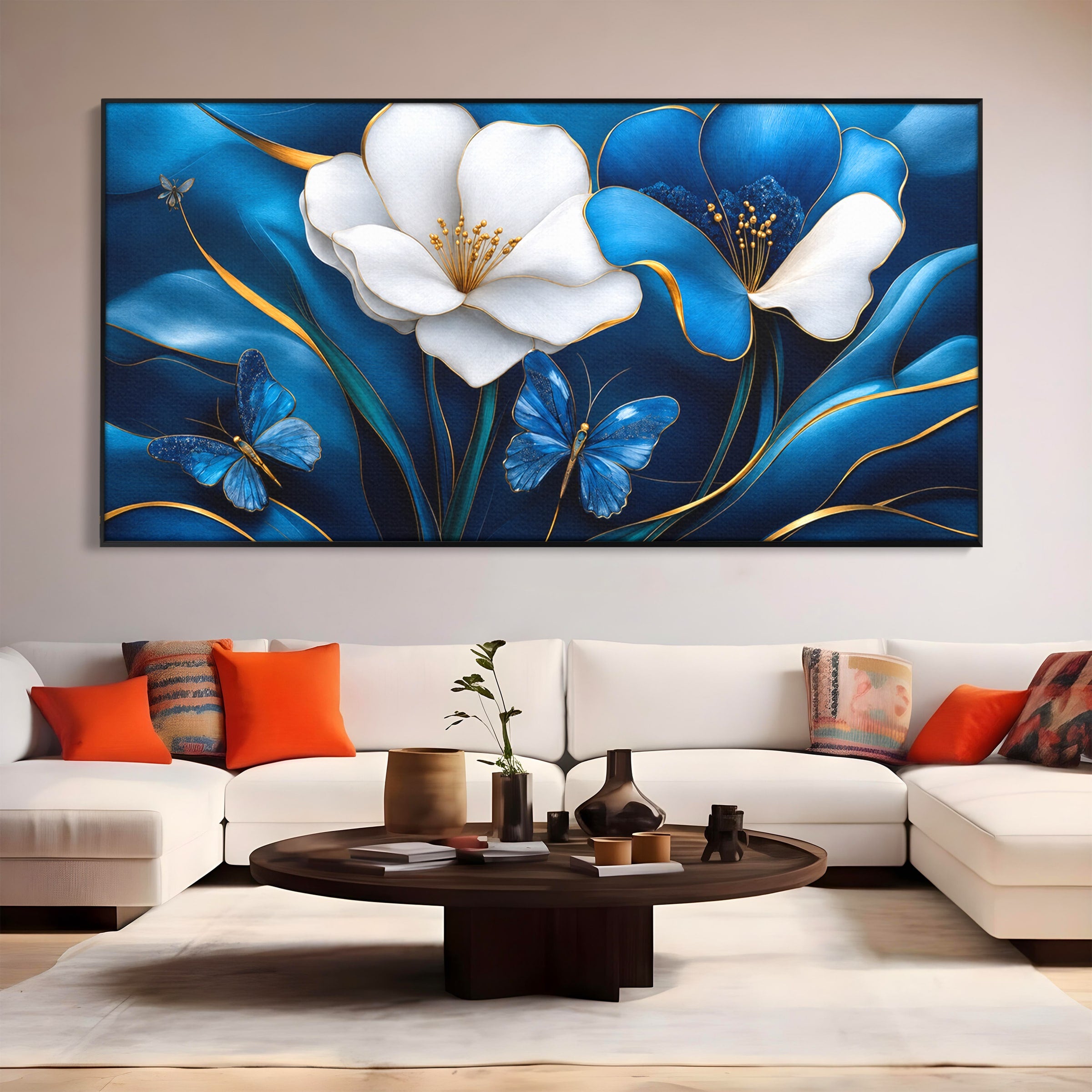 Tablou Canvas Premium LuxCanva® A1794, Flori Si Fluturi Albastri, Flori, Fluturi, Natura, Eleganta, Living, Culori Vibrante