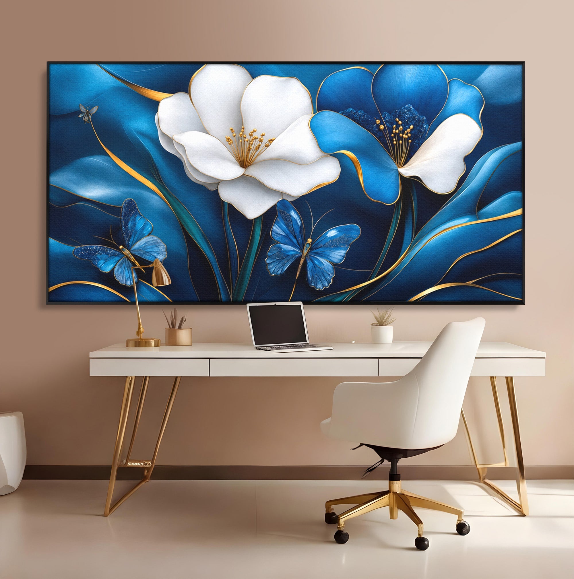 Tablou Canvas Premium LuxCanva® A1794, Flori Si Fluturi Albastri, Flori, Fluturi, Natura, Eleganta, Living, Culori Vibrante