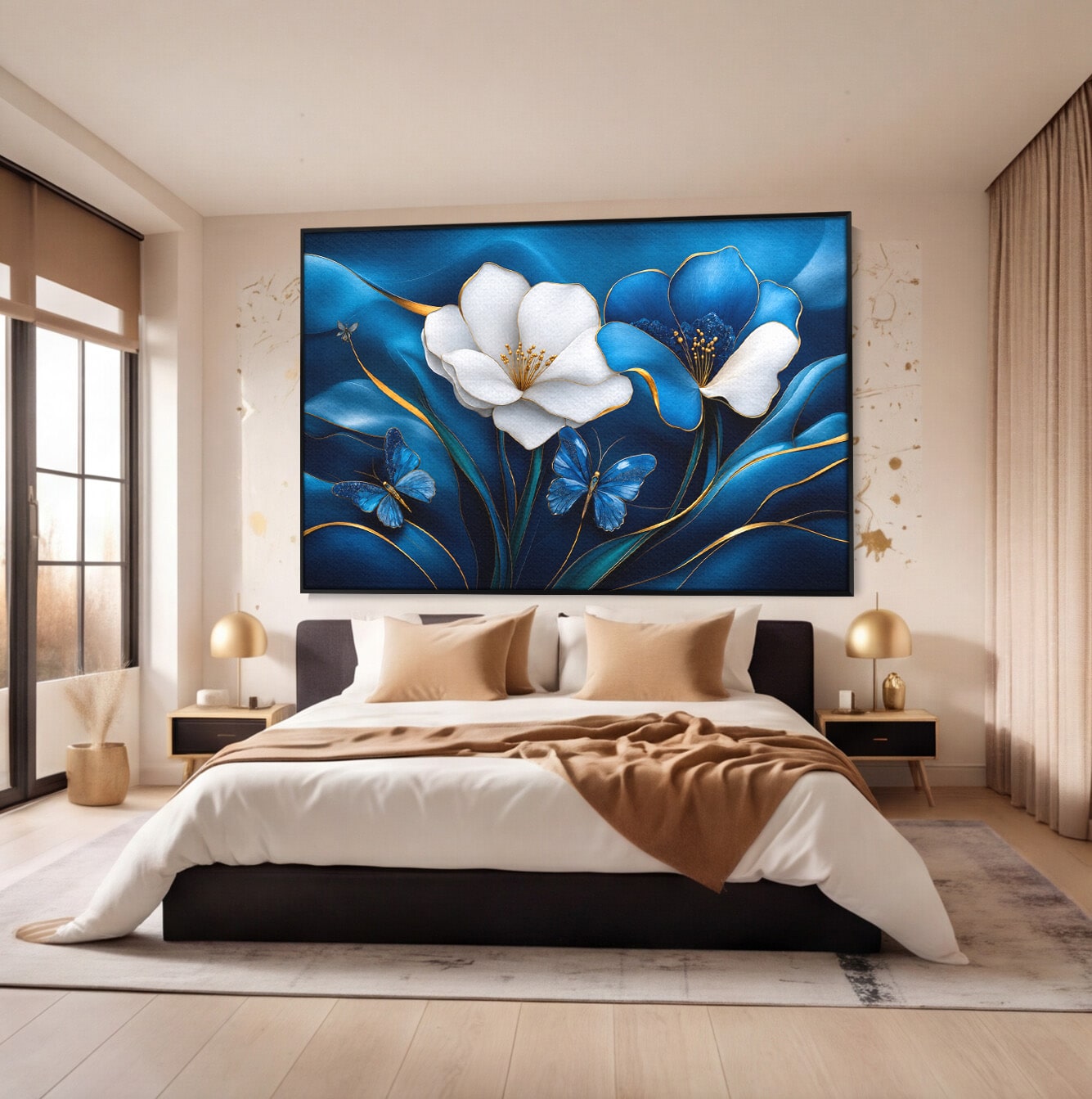 Tablou Canvas Premium LuxCanva® A1794, Flori Si Fluturi Albastri, Flori, Fluturi, Natura, Eleganta, Living, Culori Vibrante