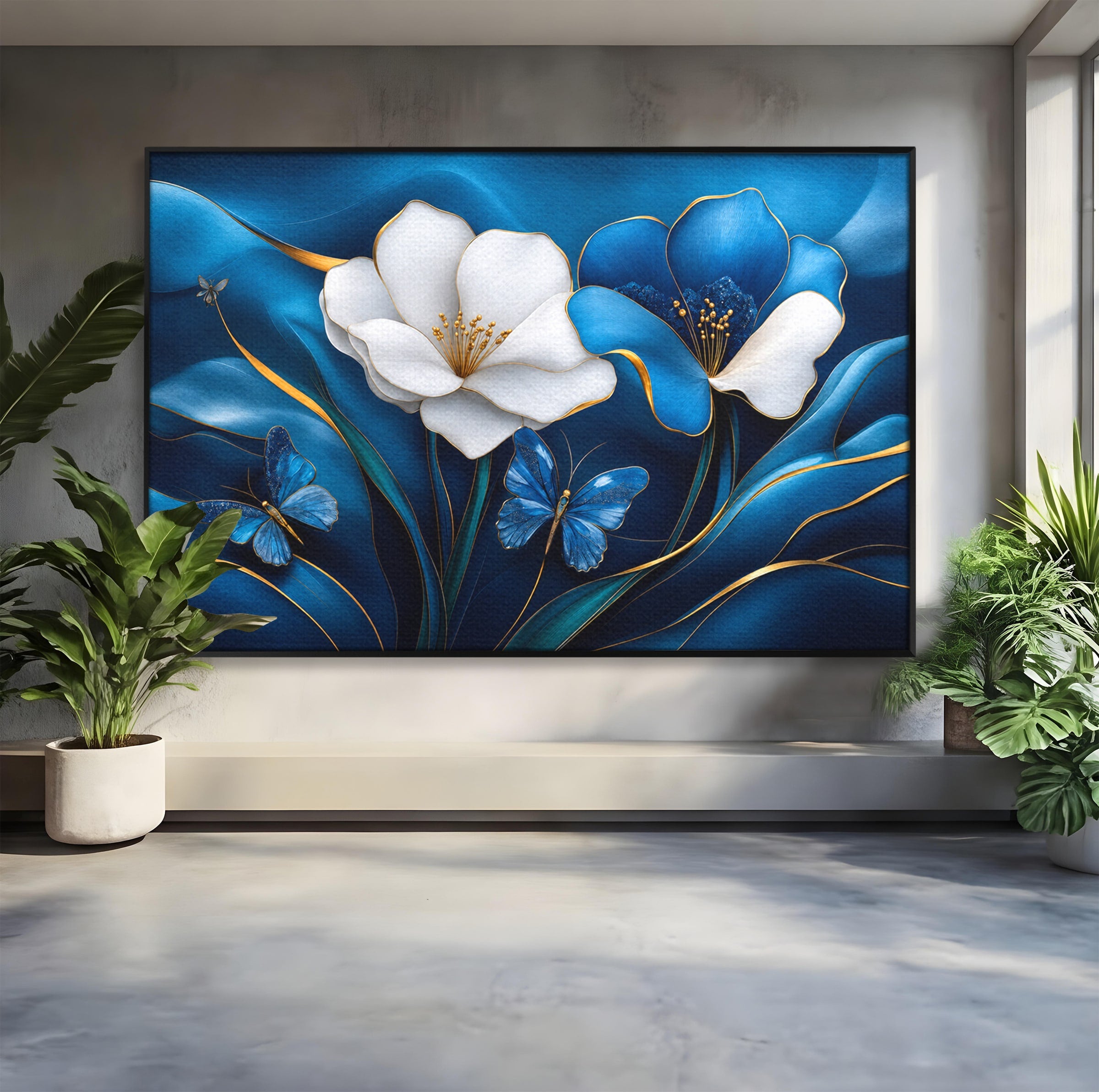 Tablou Canvas Premium LuxCanva® A1794, Flori Si Fluturi Albastri, Flori, Fluturi, Natura, Eleganta, Living, Culori Vibrante