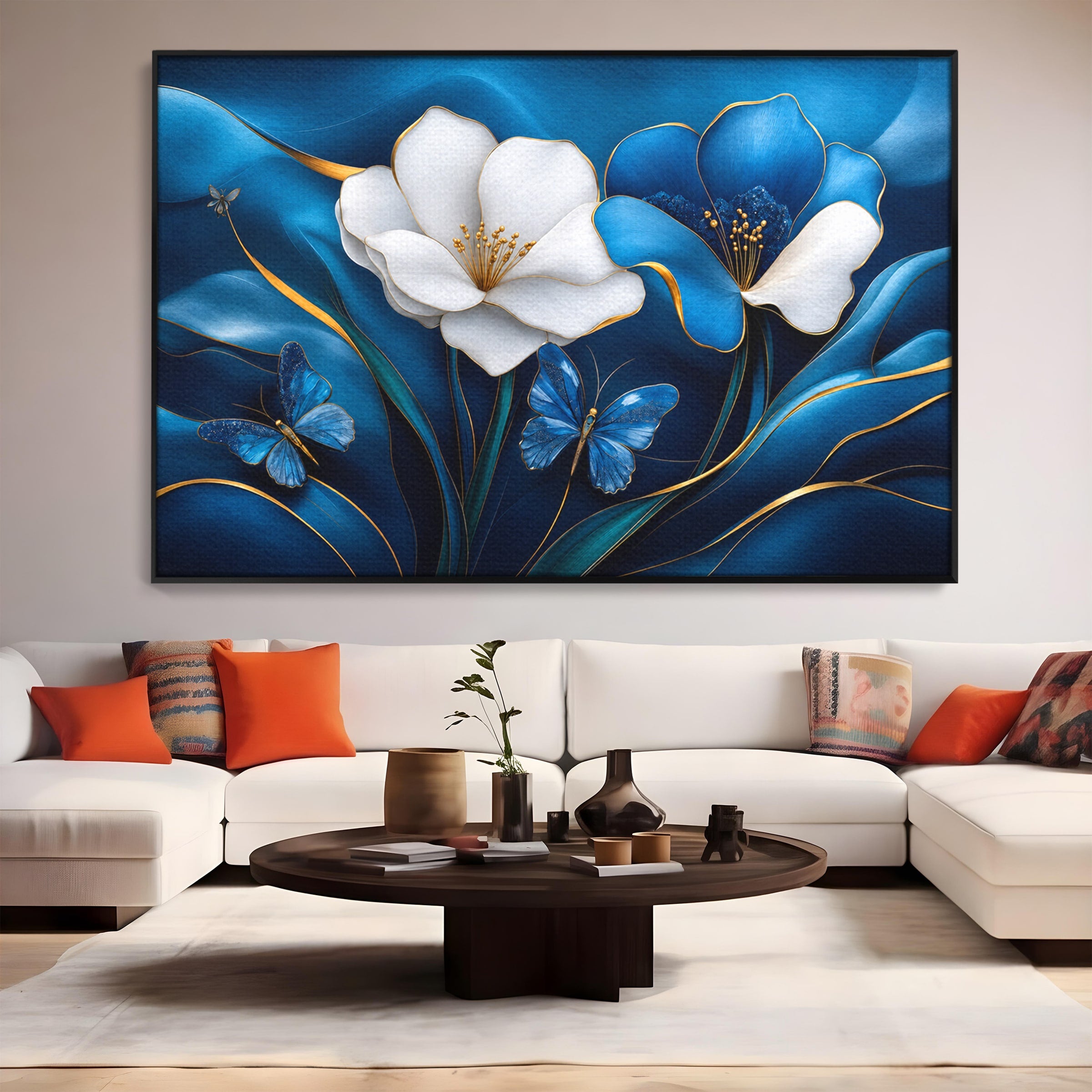 Tablou Canvas Premium LuxCanva® A1794, Flori Si Fluturi Albastri, Flori, Fluturi, Natura, Eleganta, Living, Culori Vibrante