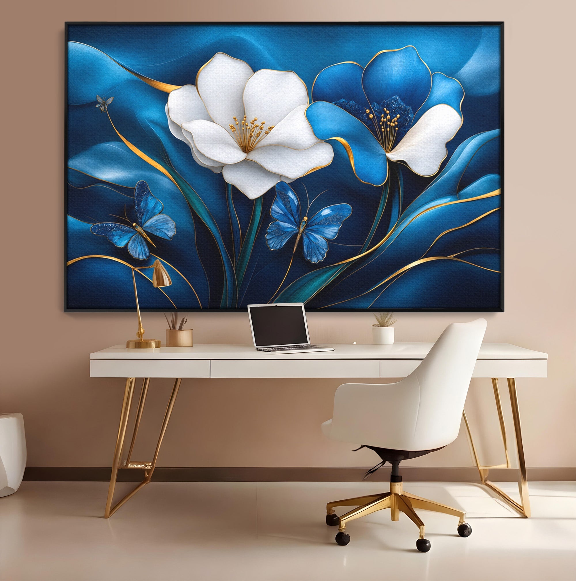 Tablou Canvas Premium LuxCanva® A1794, Flori Si Fluturi Albastri, Flori, Fluturi, Natura, Eleganta, Living, Culori Vibrante