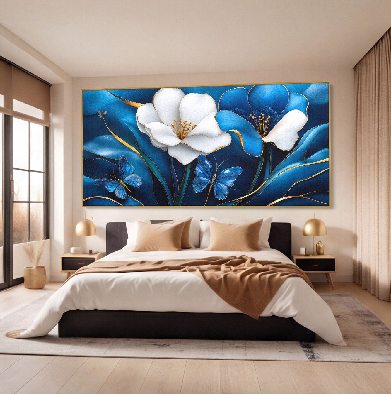 Tablou Canvas Premium LuxCanva® A1794, Flori Si Fluturi Albastri, Flori, Fluturi, Natura, Eleganta, Living, Culori Vibrante