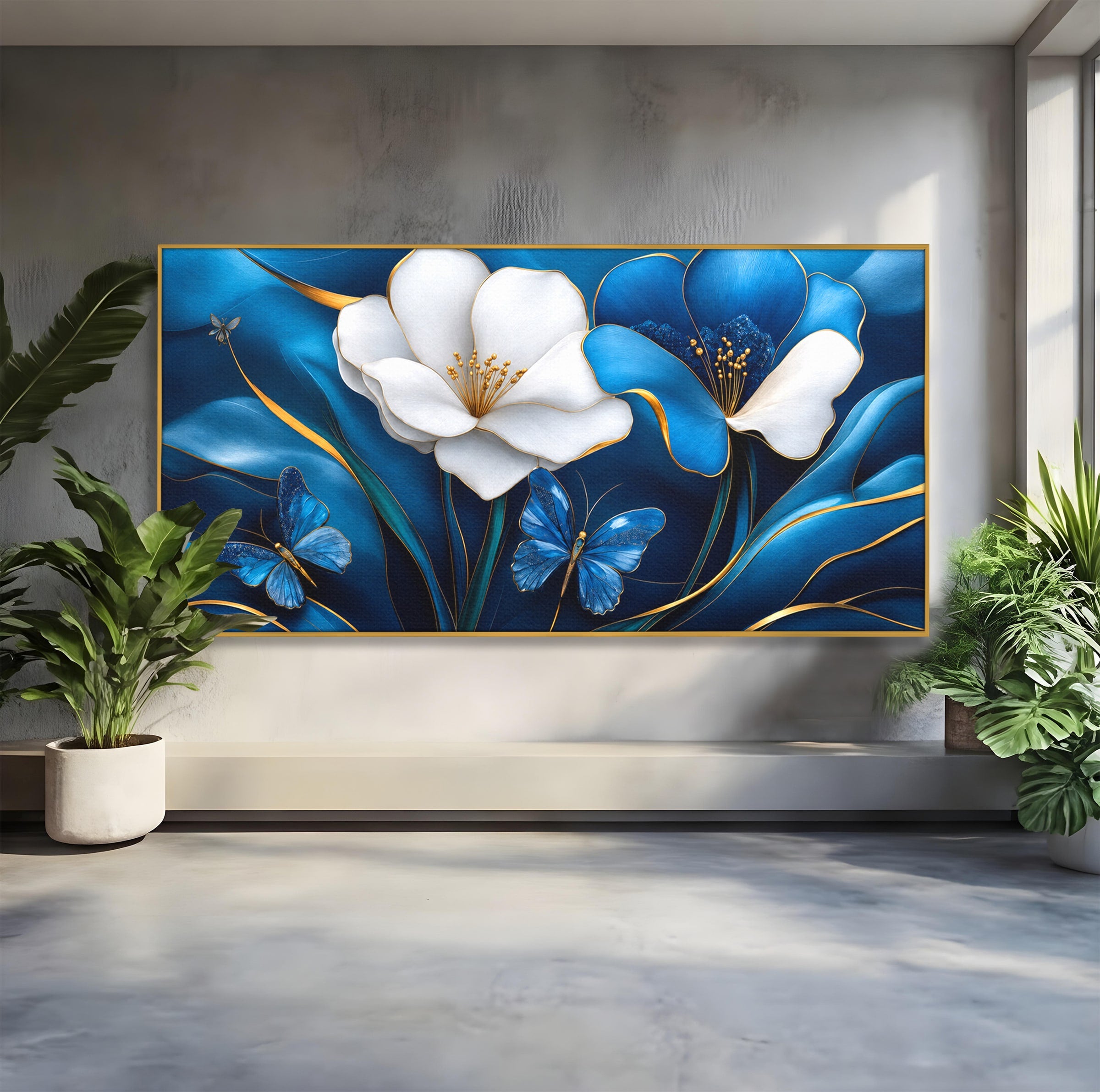 Tablou Canvas Premium LuxCanva® A1794, Flori Si Fluturi Albastri, Flori, Fluturi, Natura, Eleganta, Living, Culori Vibrante