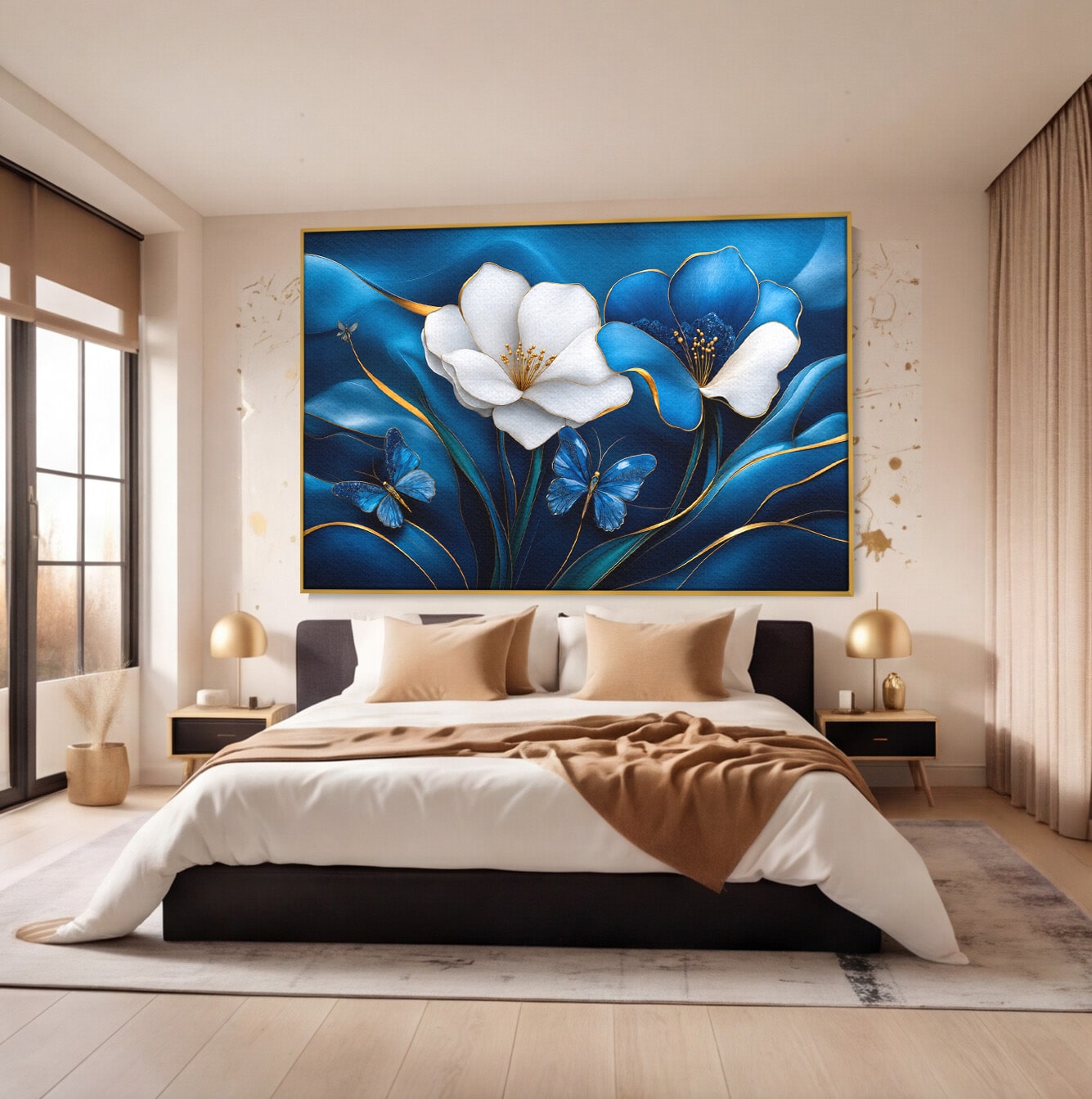 Tablou Canvas Premium LuxCanva® A1794, Flori Si Fluturi Albastri, Flori, Fluturi, Natura, Eleganta, Living, Culori Vibrante