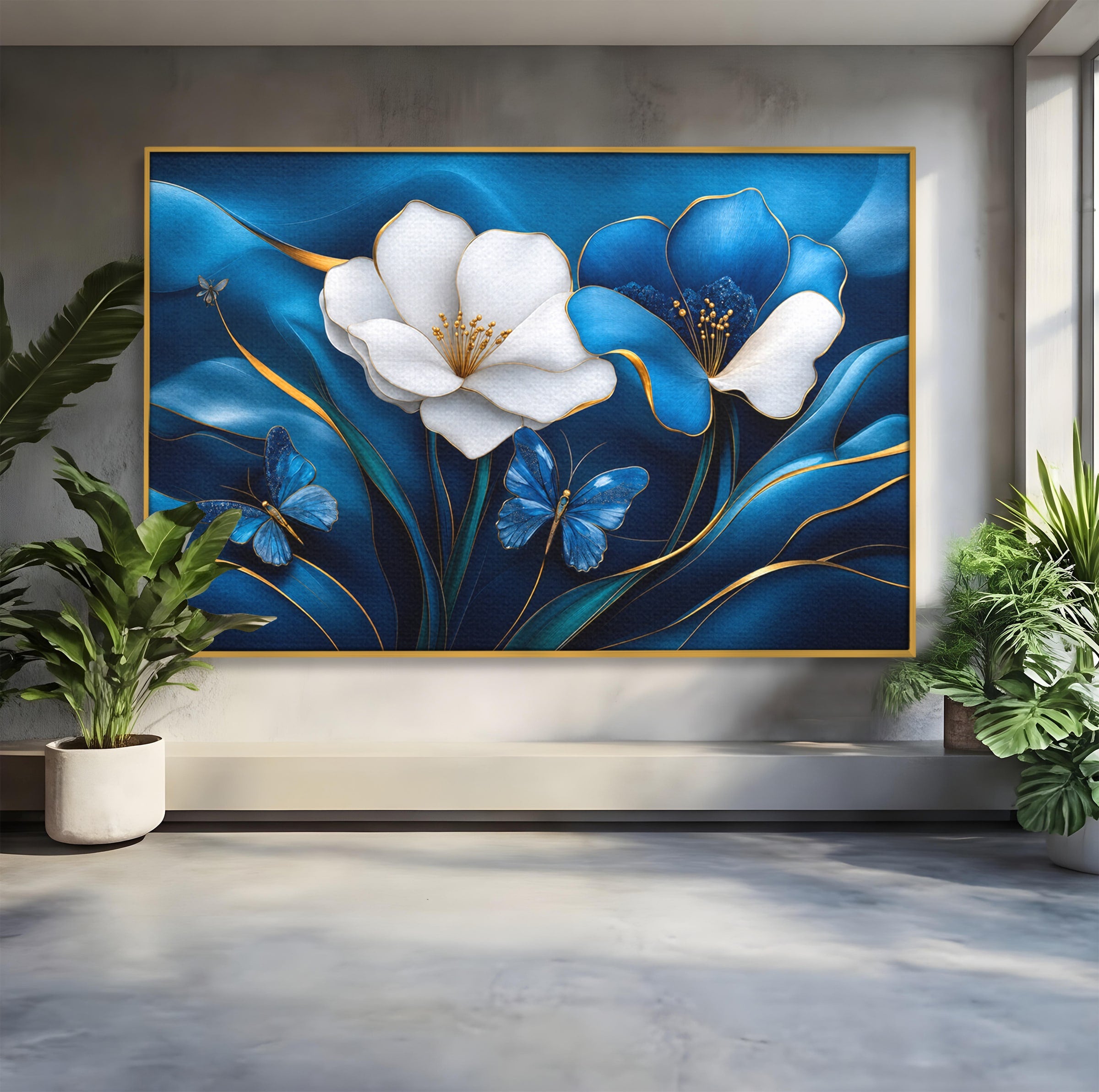 Tablou Canvas Premium LuxCanva® A1794, Flori Si Fluturi Albastri, Flori, Fluturi, Natura, Eleganta, Living, Culori Vibrante