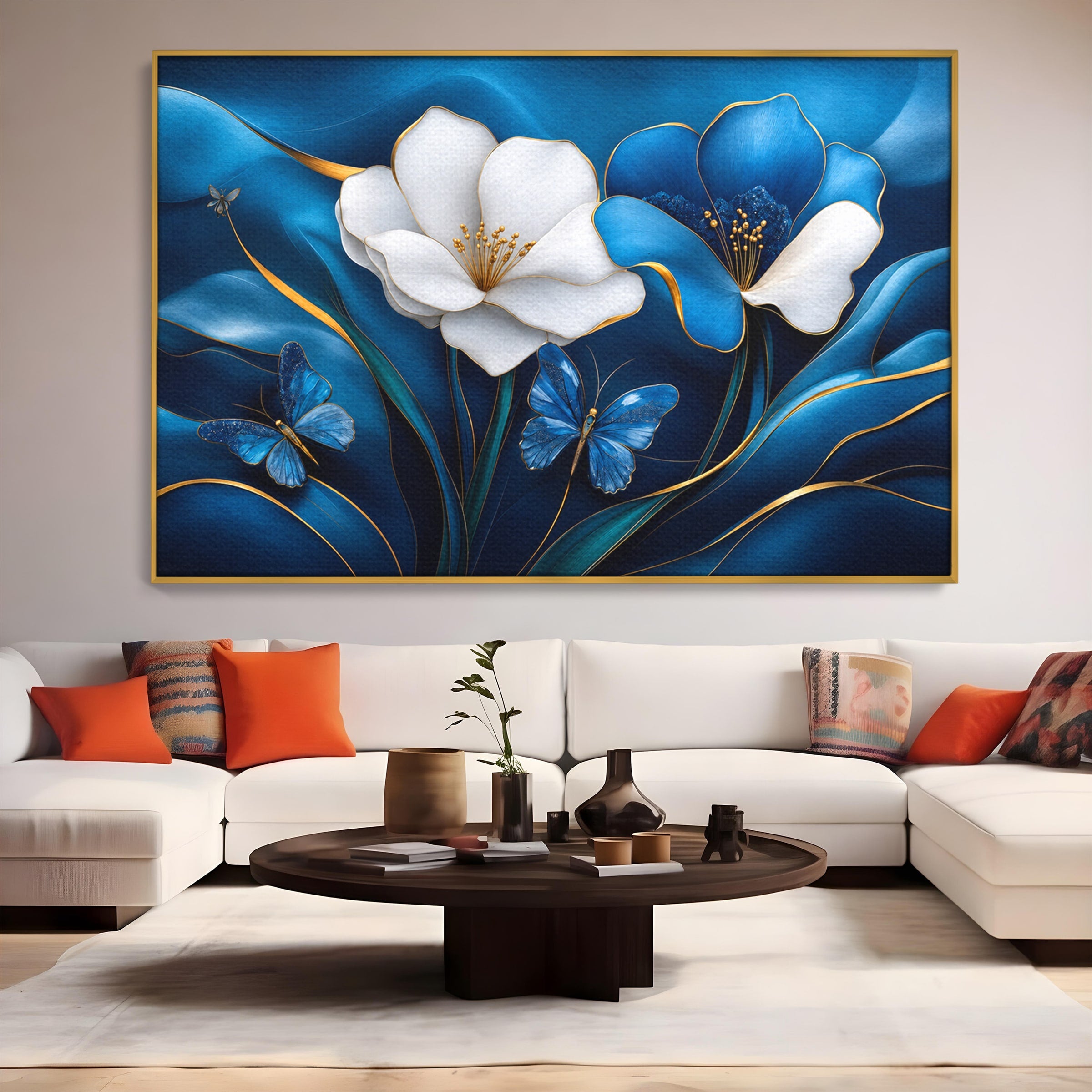 Tablou Canvas Premium LuxCanva® A1794, Flori Si Fluturi Albastri, Flori, Fluturi, Natura, Eleganta, Living, Culori Vibrante