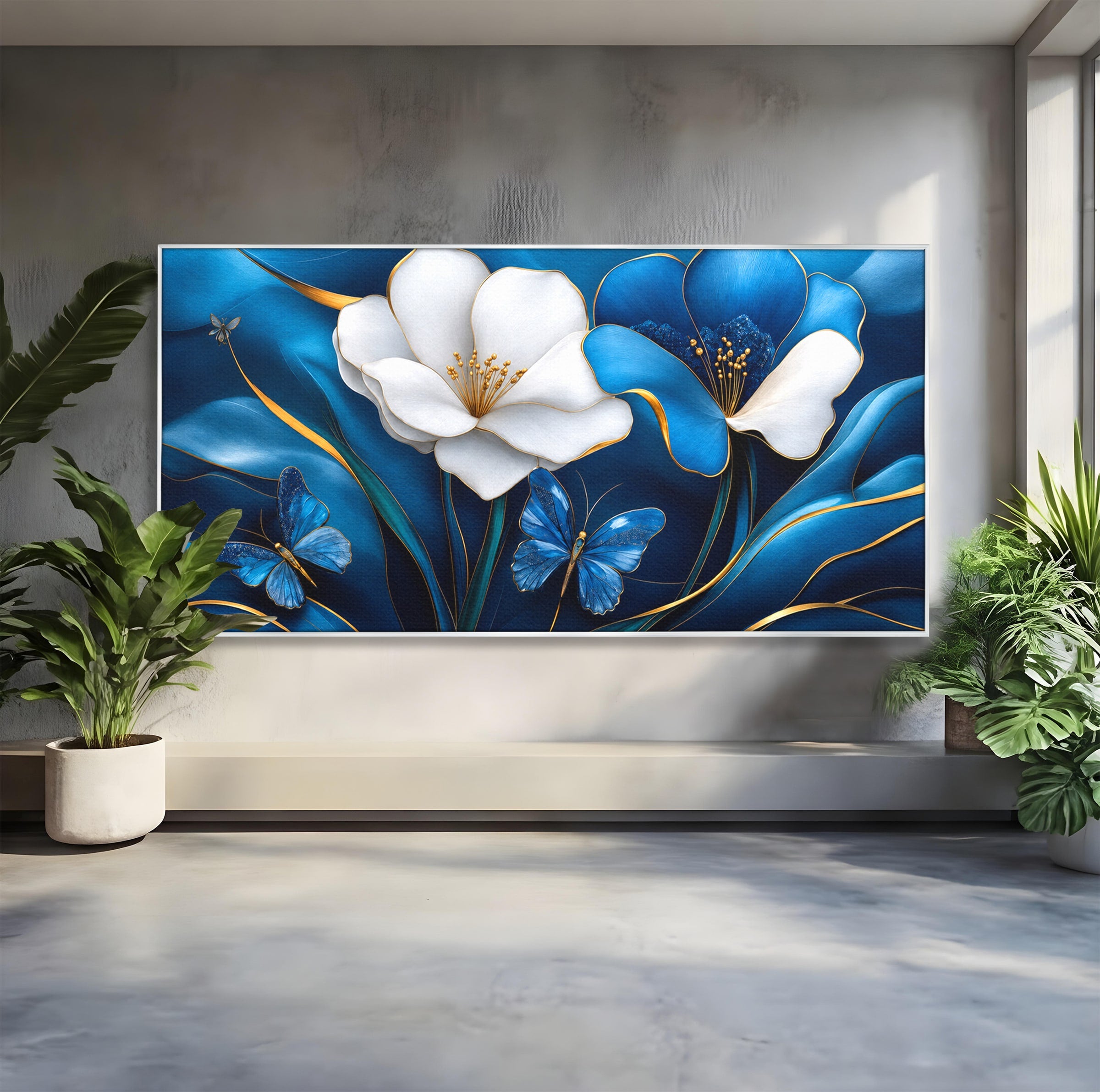 Tablou Canvas Premium LuxCanva® A1794, Flori Si Fluturi Albastri, Flori, Fluturi, Natura, Eleganta, Living, Culori Vibrante