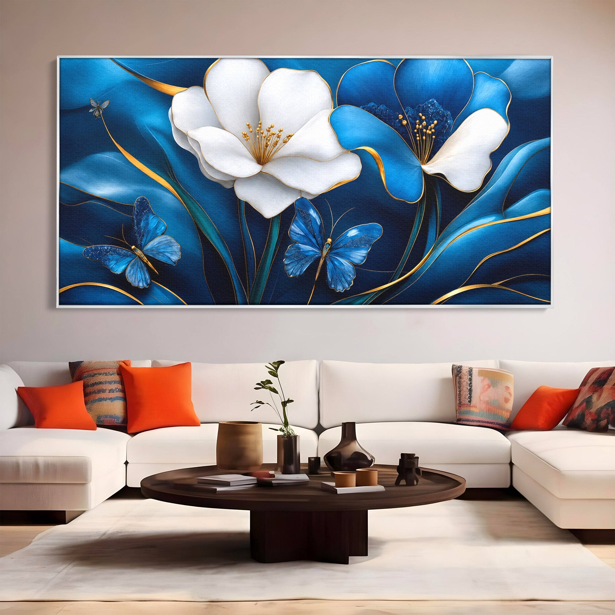 Tablou Canvas Premium LuxCanva® A1794, Flori Si Fluturi Albastri, Flori, Fluturi, Natura, Eleganta, Living, Culori Vibrante