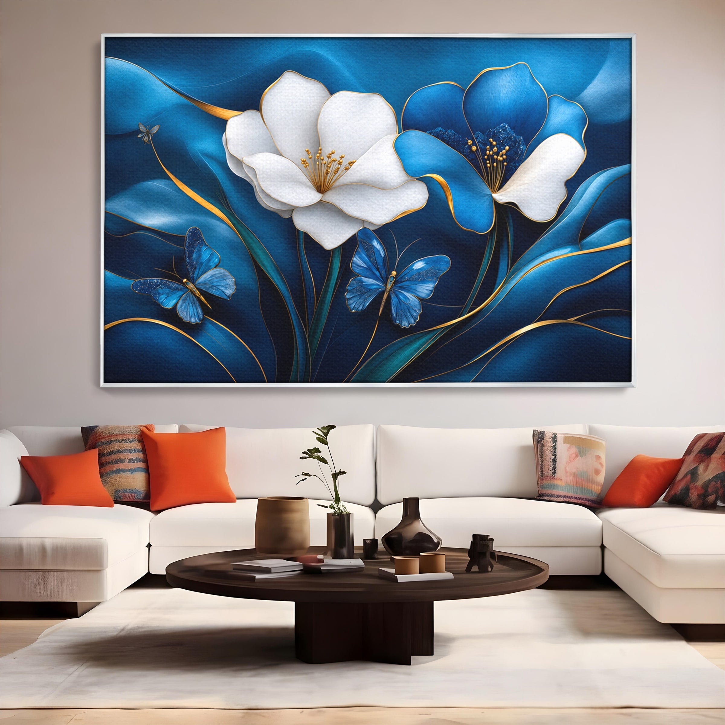 Tablou Canvas Premium LuxCanva® A1794, Flori Si Fluturi Albastri, Flori, Fluturi, Natura, Eleganta, Living, Culori Vibrante