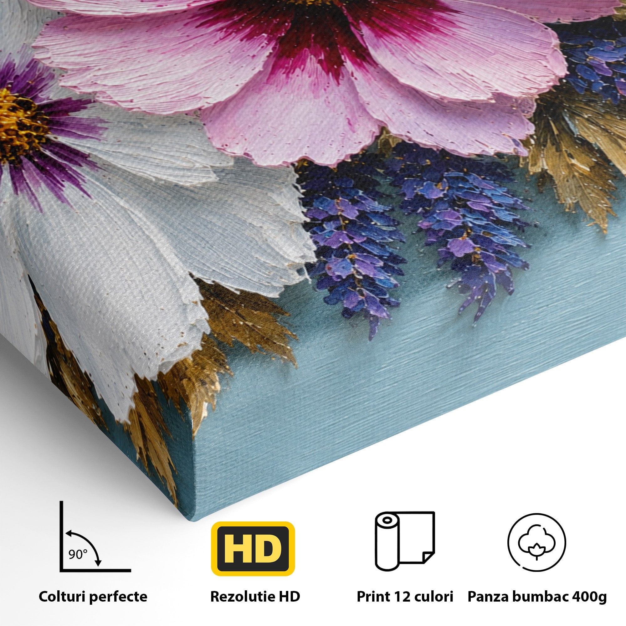 Tablou Canvas Premium LuxCanva® A1796, Trio Floral Pe Lemn, Flori, Natura, Decorativ, Dormitor, Living, Culori Vibrante