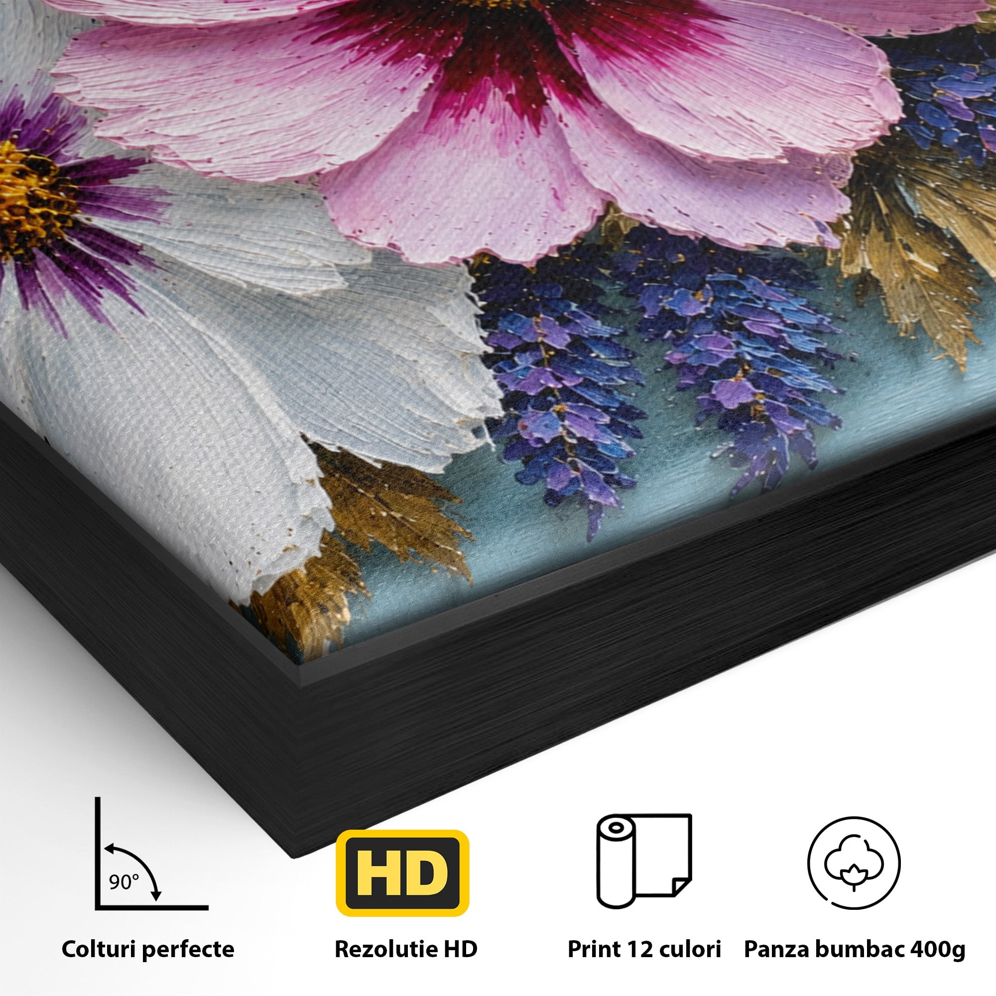 Tablou Canvas Premium LuxCanva® A1796, Trio Floral Pe Lemn, Flori, Natura, Decorativ, Dormitor, Living, Culori Vibrante