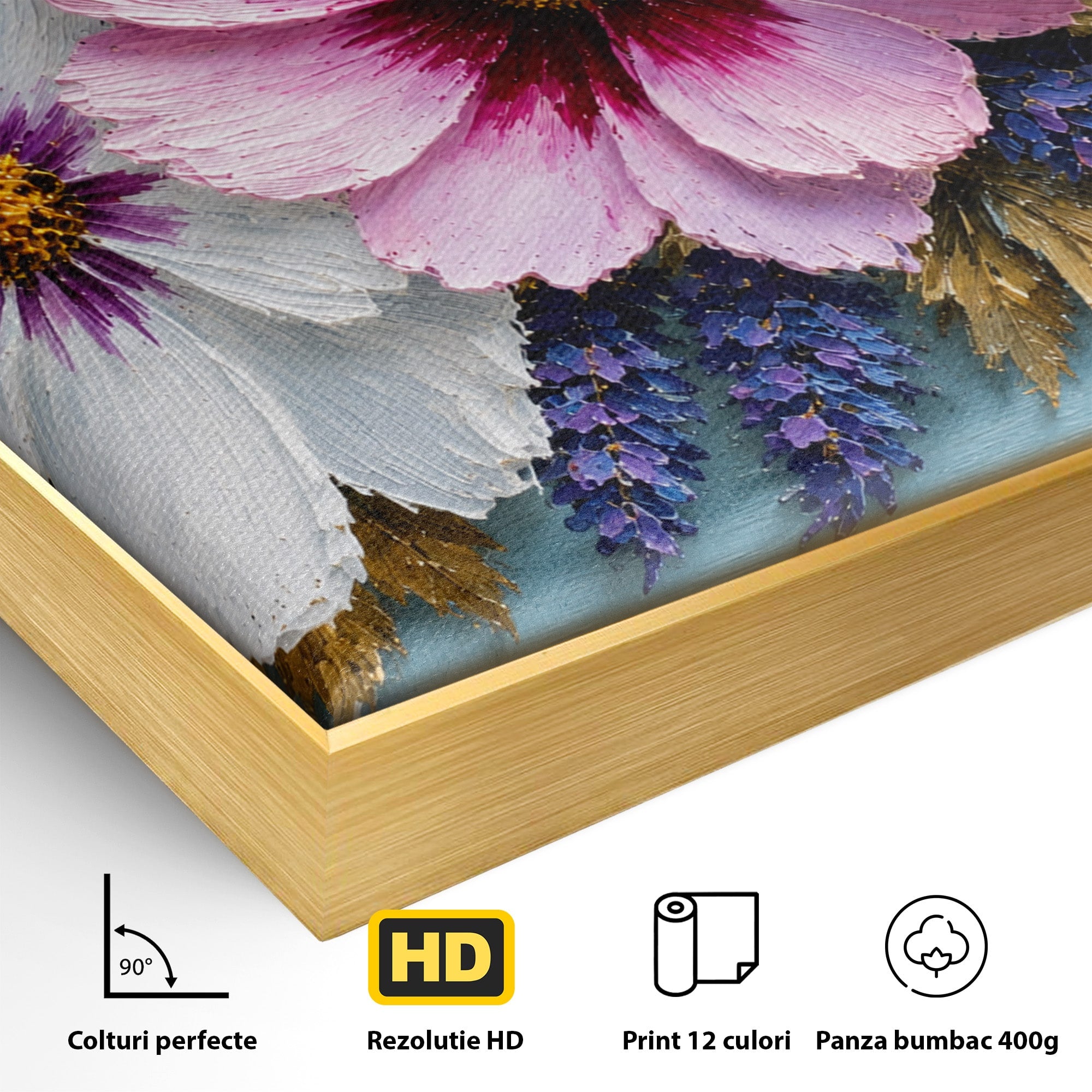 Tablou Canvas Premium LuxCanva® A1796, Trio Floral Pe Lemn, Flori, Natura, Decorativ, Dormitor, Living, Culori Vibrante