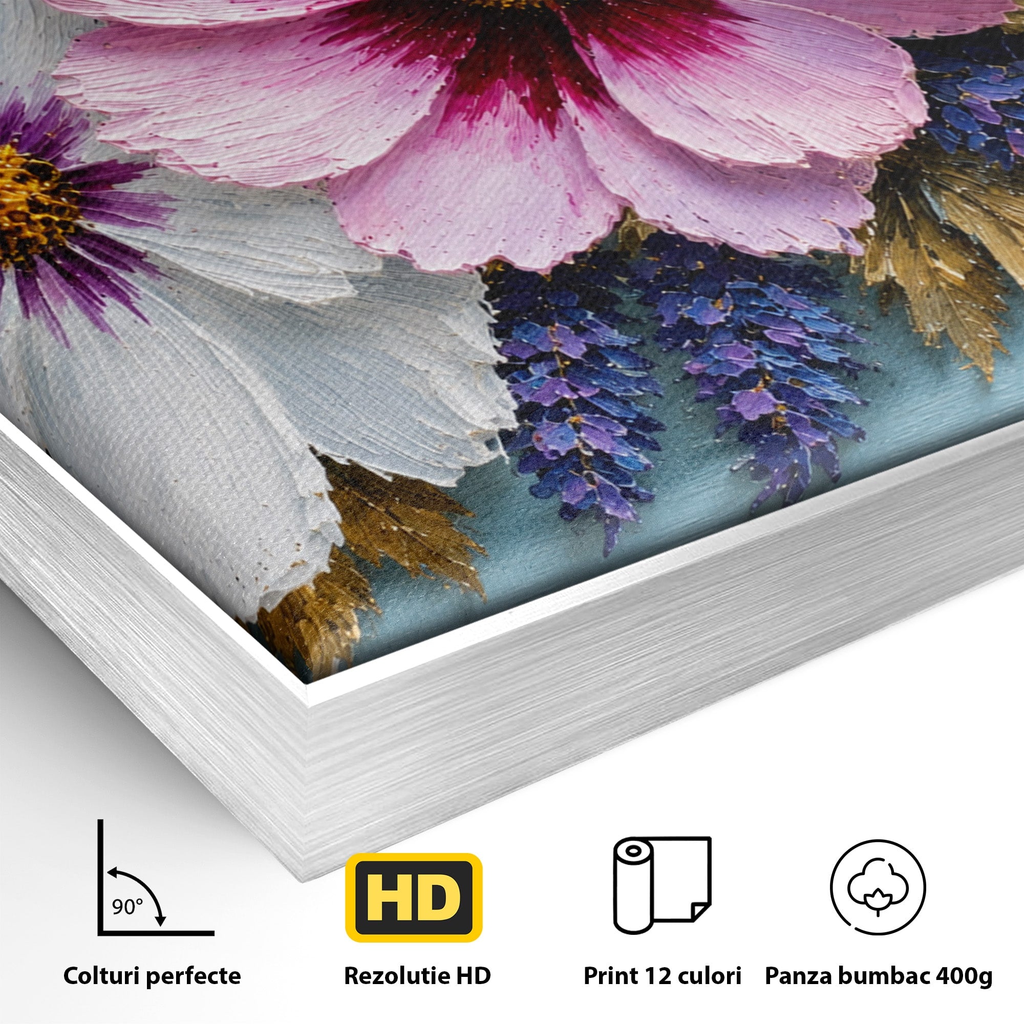 Tablou Canvas Premium LuxCanva® A1796, Trio Floral Pe Lemn, Flori, Natura, Decorativ, Dormitor, Living, Culori Vibrante
