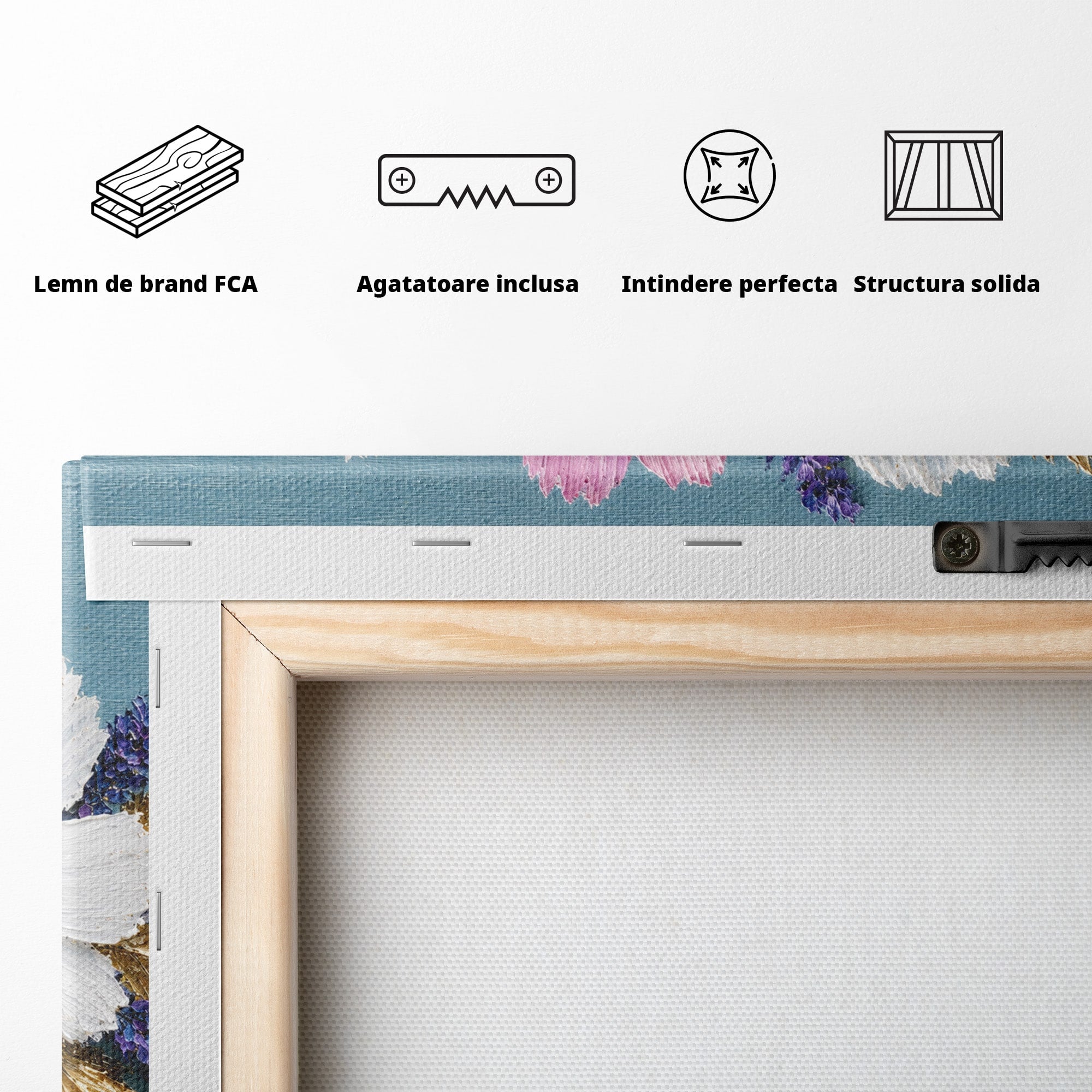 Tablou Canvas Premium LuxCanva® A1796, Trio Floral Pe Lemn, Flori, Natura, Decorativ, Dormitor, Living, Culori Vibrante