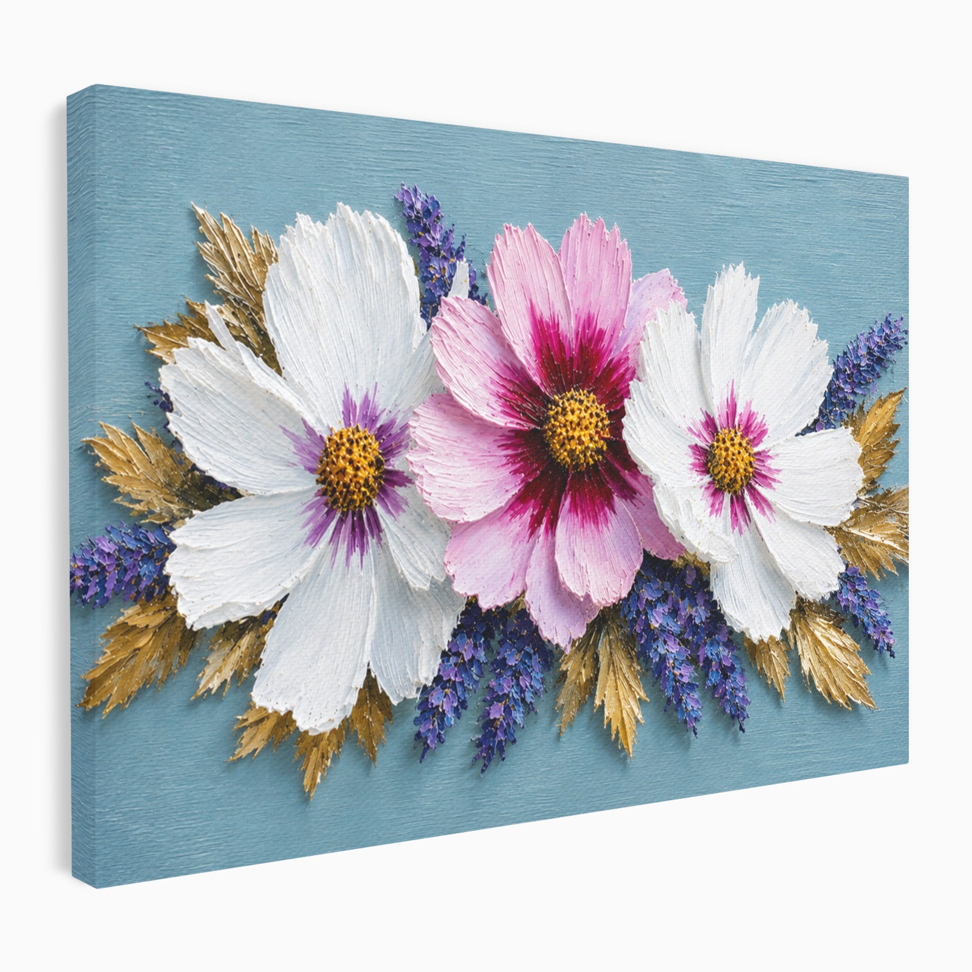 Tablou Canvas Premium LuxCanva® A1796, Trio Floral Pe Lemn, Flori, Natura, Decorativ, Dormitor, Living, Culori Vibrante