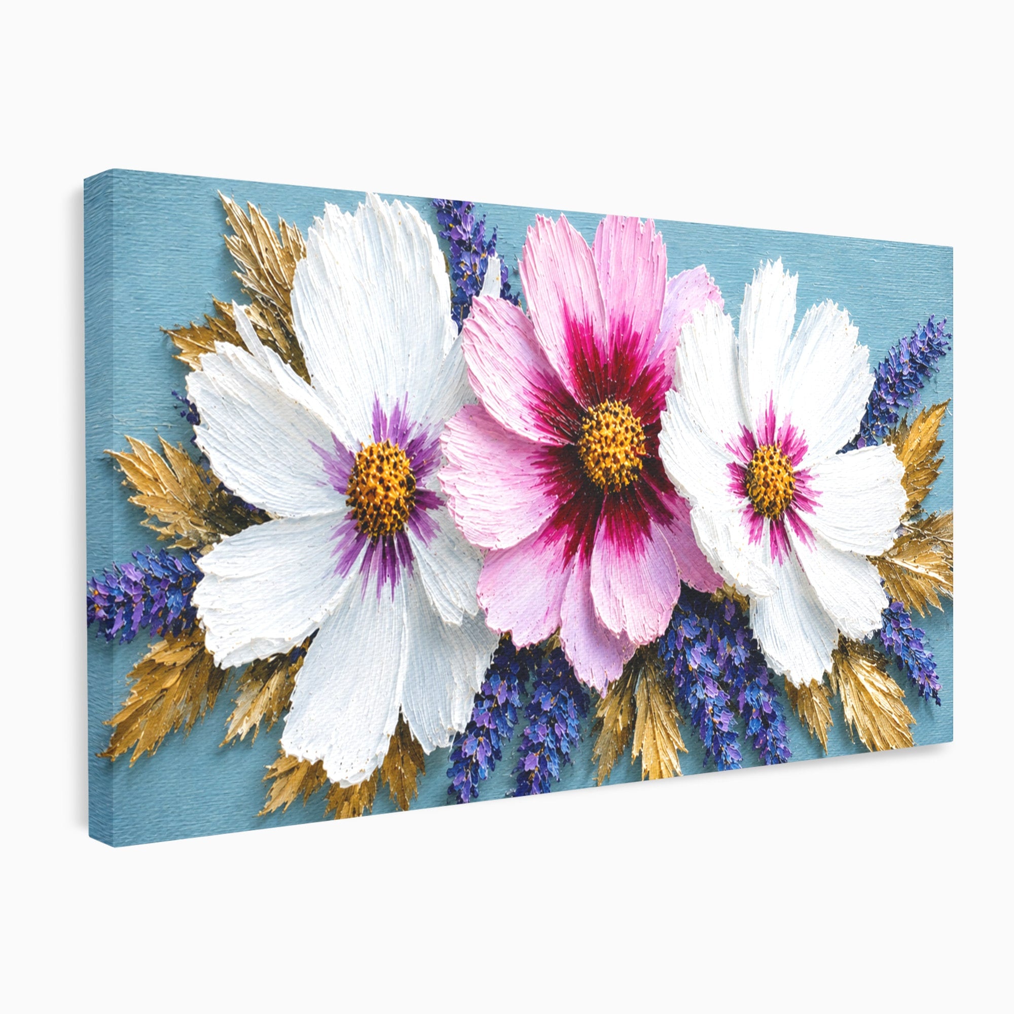 Tablou Canvas Premium LuxCanva® A1796, Trio Floral Pe Lemn, Flori, Natura, Decorativ, Dormitor, Living, Culori Vibrante
