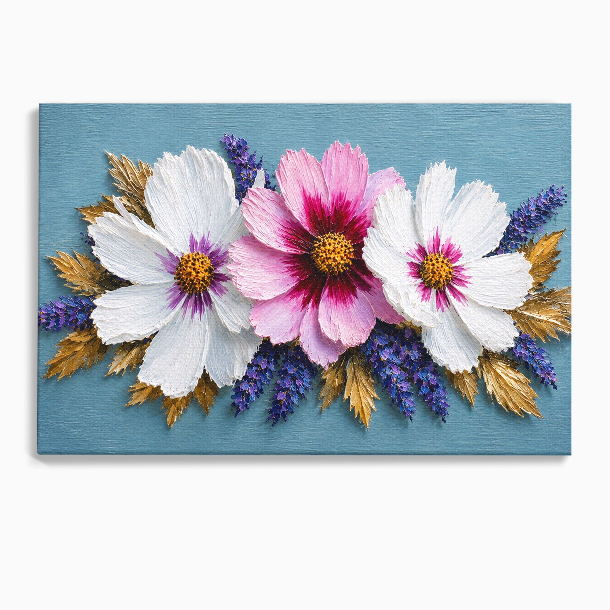 Tablou Canvas Premium LuxCanva® A1796, Trio Floral Pe Lemn, Flori, Natura, Decorativ, Dormitor, Living, Culori Vibrante