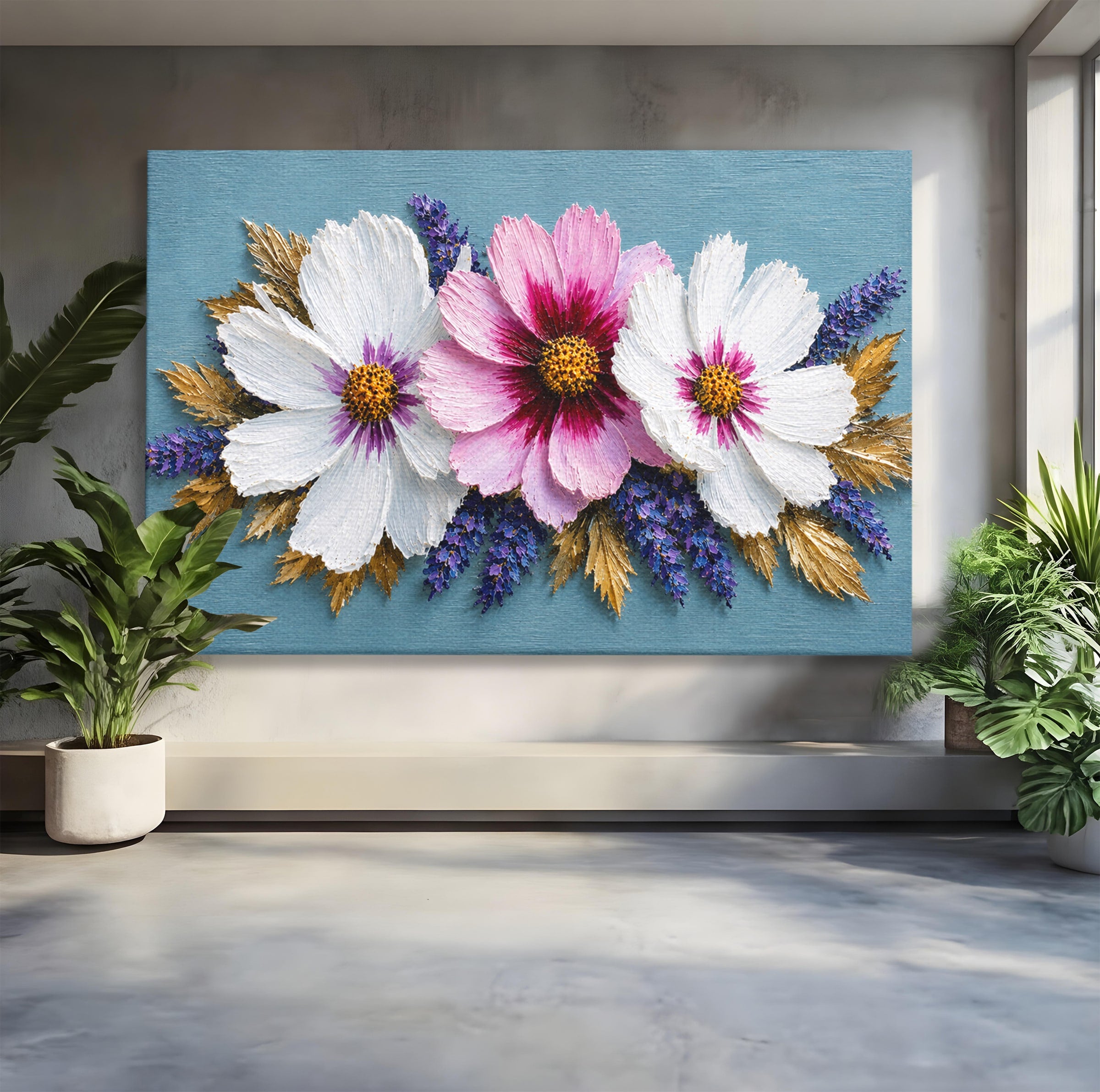 Tablou Canvas Premium LuxCanva® A1796, Trio Floral Pe Lemn, Flori, Natura, Decorativ, Dormitor, Living, Culori Vibrante