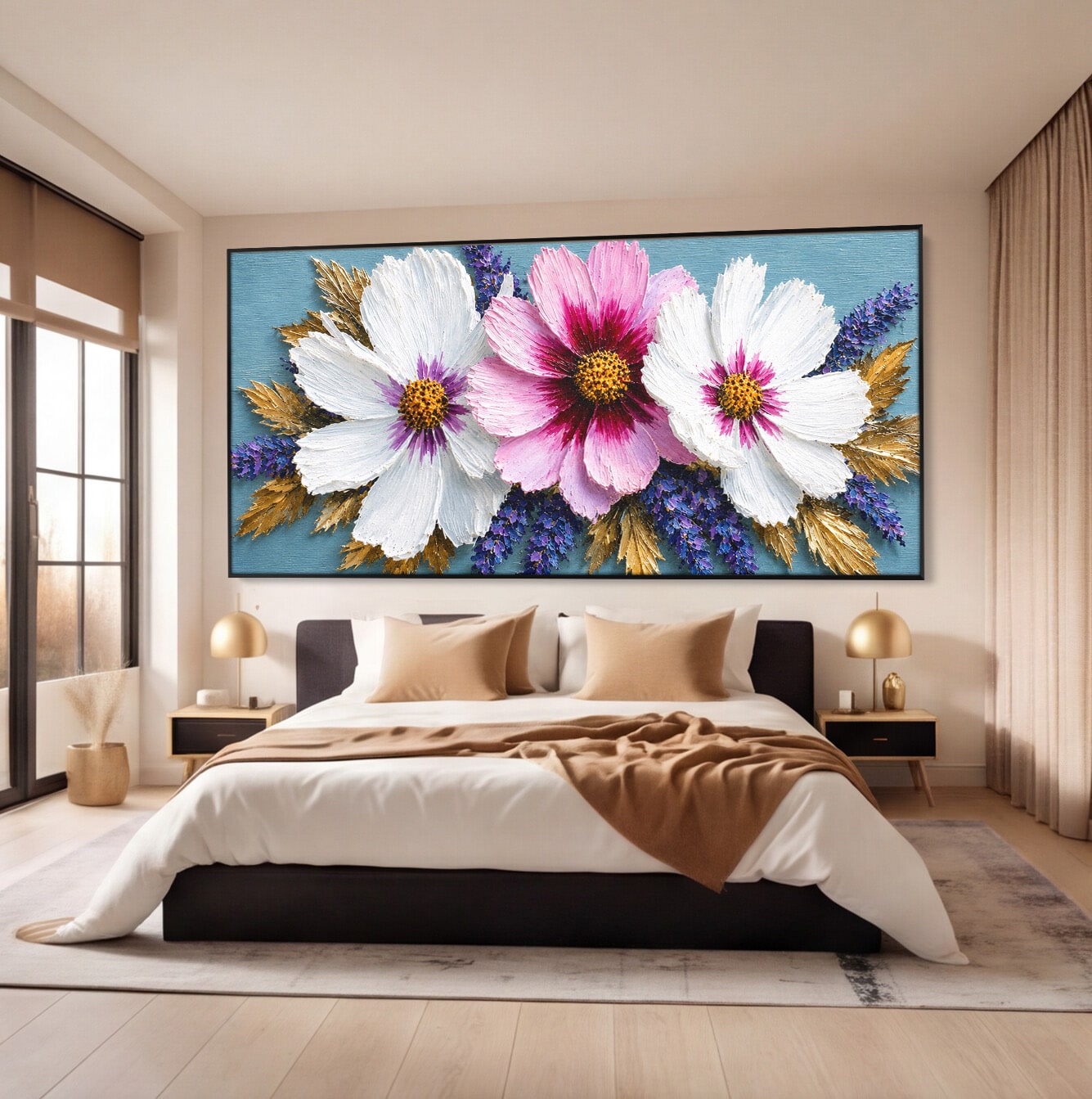 Tablou Canvas Premium LuxCanva® A1796, Trio Floral Pe Lemn, Flori, Natura, Decorativ, Dormitor, Living, Culori Vibrante