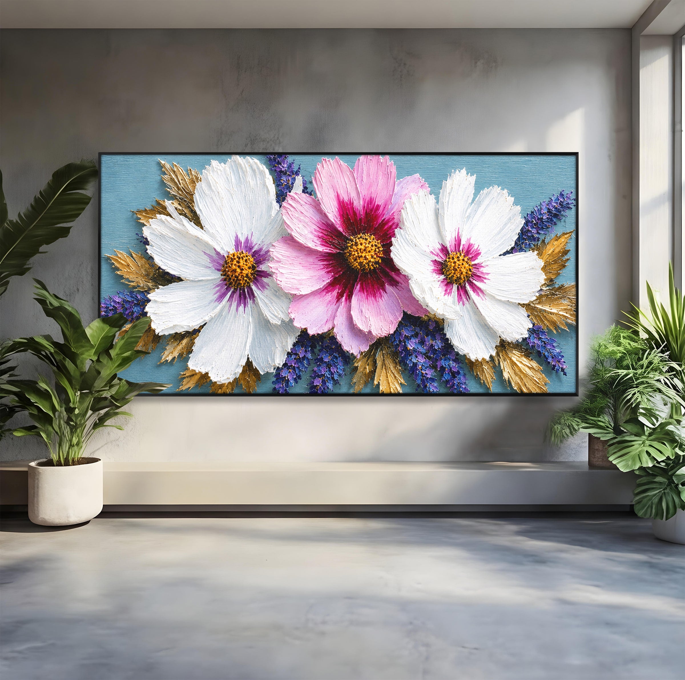 Tablou Canvas Premium LuxCanva® A1796, Trio Floral Pe Lemn, Flori, Natura, Decorativ, Dormitor, Living, Culori Vibrante