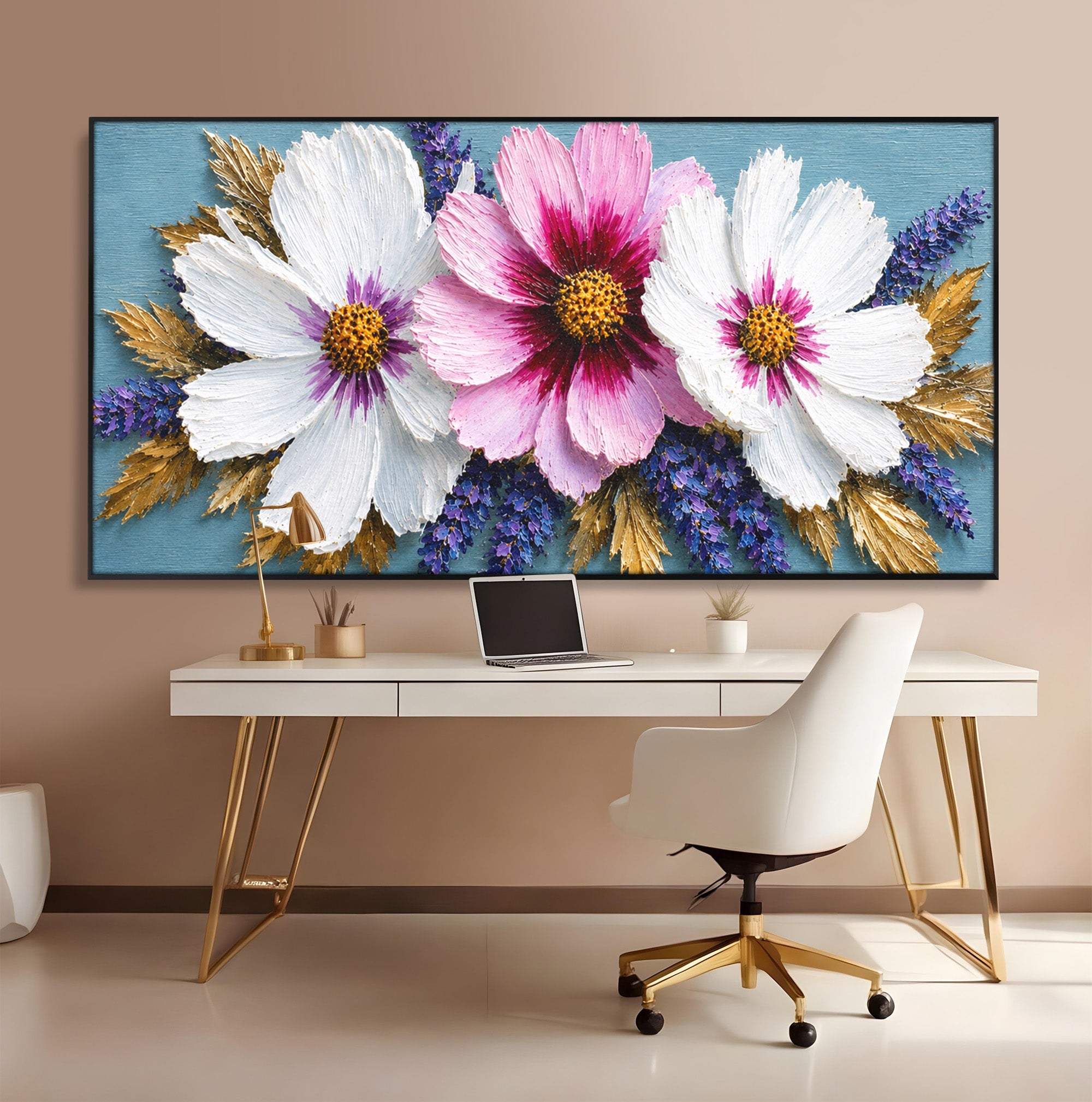 Tablou Canvas Premium LuxCanva® A1796, Trio Floral Pe Lemn, Flori, Natura, Decorativ, Dormitor, Living, Culori Vibrante