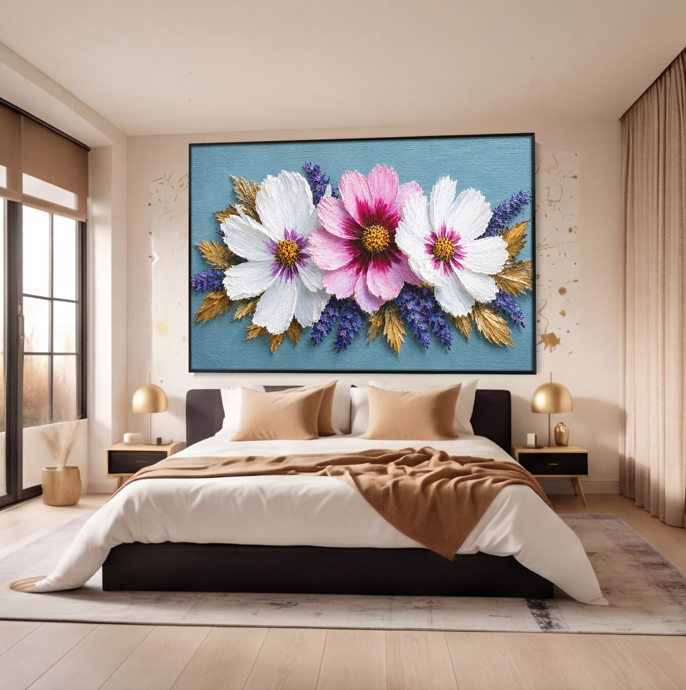 Tablou Canvas Premium LuxCanva® A1796, Trio Floral Pe Lemn, Flori, Natura, Decorativ, Dormitor, Living, Culori Vibrante