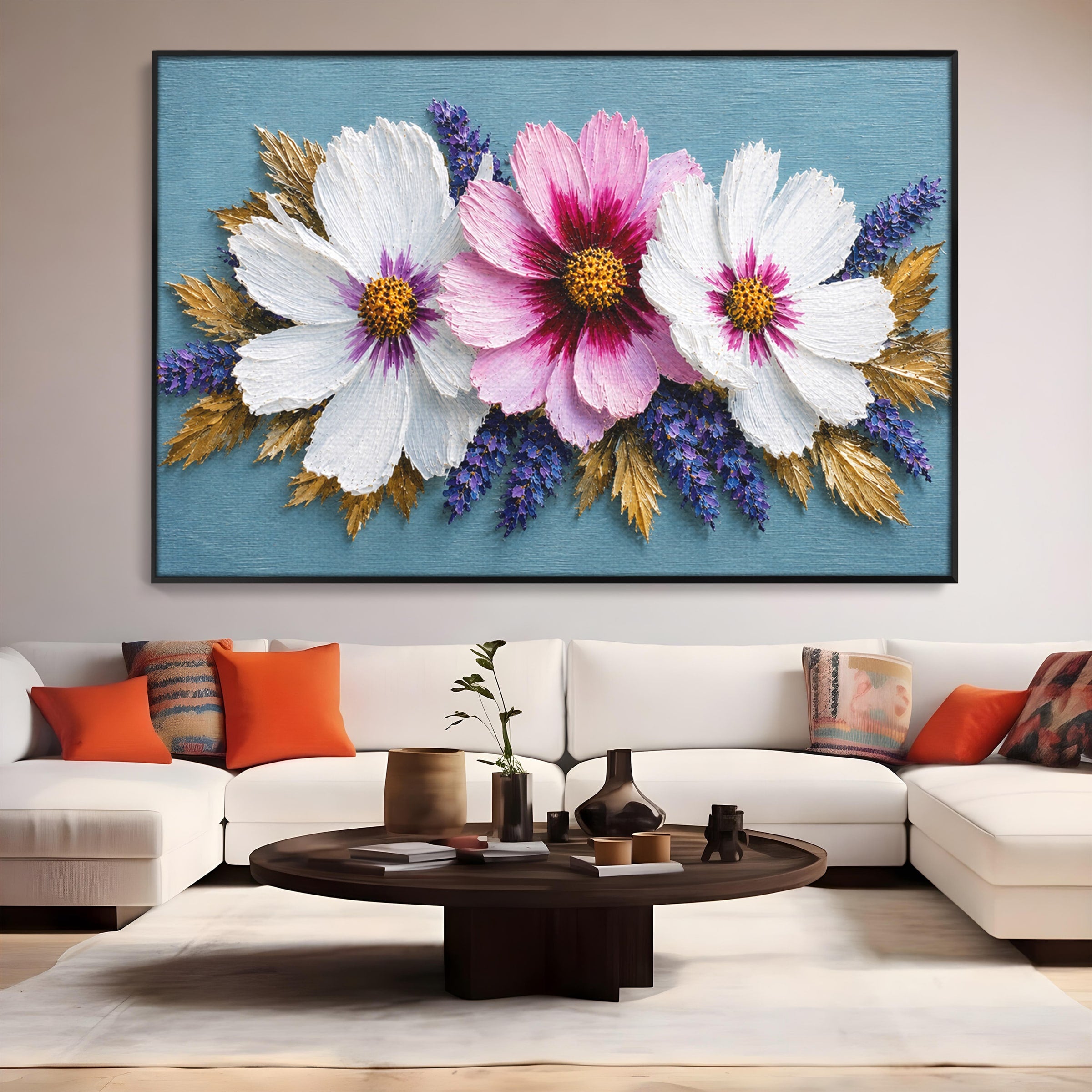 Tablou Canvas Premium LuxCanva® A1796, Trio Floral Pe Lemn, Flori, Natura, Decorativ, Dormitor, Living, Culori Vibrante