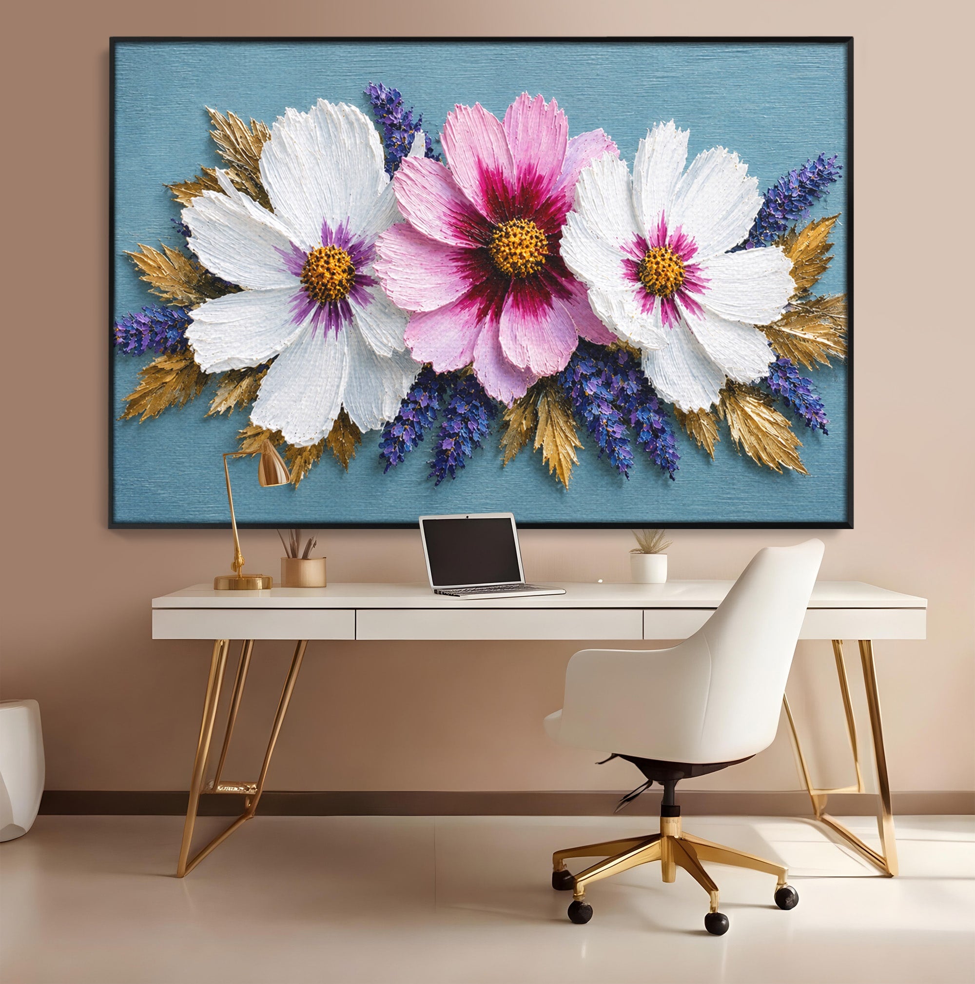 Tablou Canvas Premium LuxCanva® A1796, Trio Floral Pe Lemn, Flori, Natura, Decorativ, Dormitor, Living, Culori Vibrante