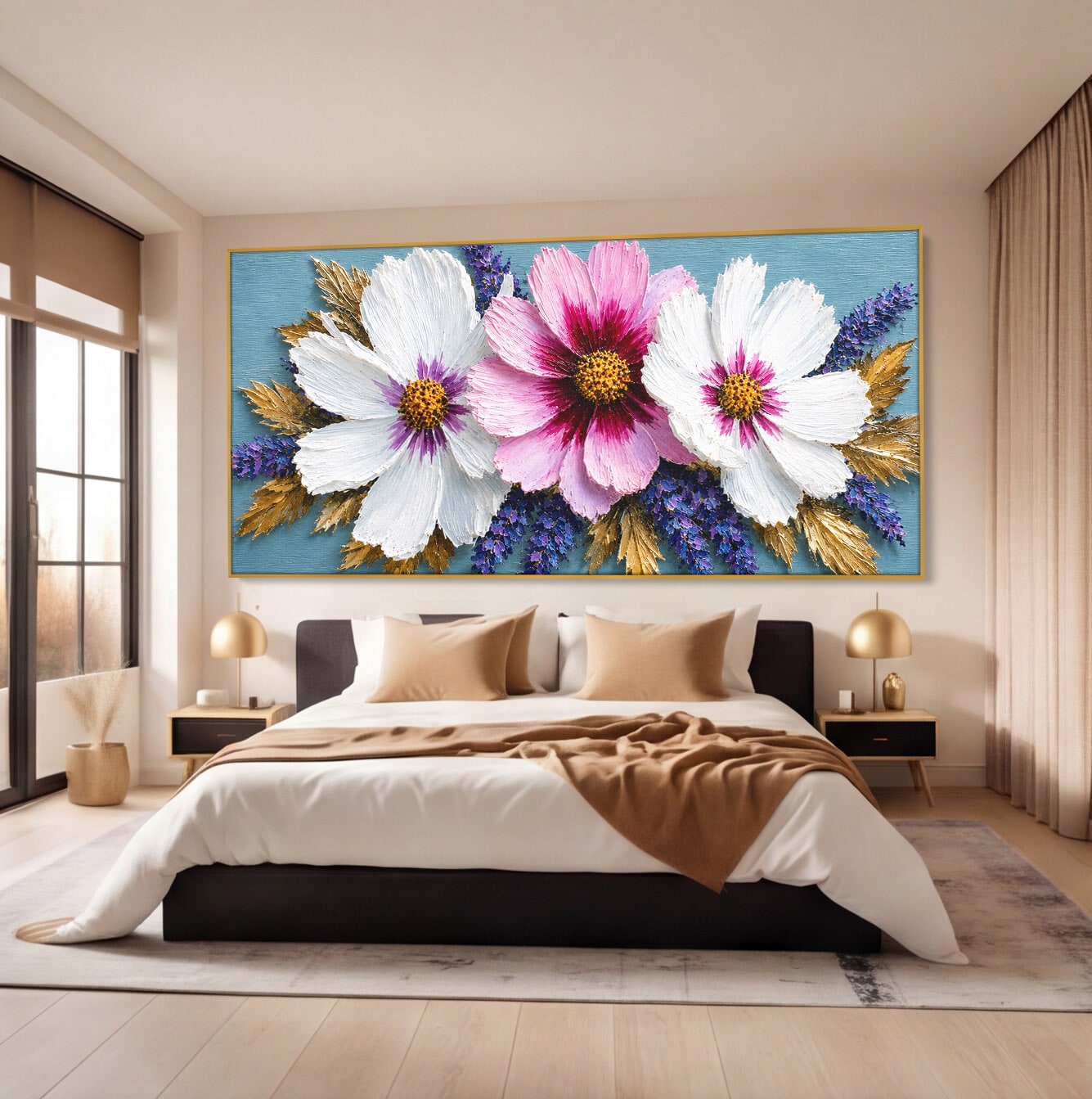 Tablou Canvas Premium LuxCanva® A1796, Trio Floral Pe Lemn, Flori, Natura, Decorativ, Dormitor, Living, Culori Vibrante