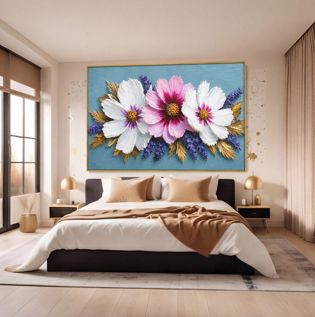 Tablou Canvas Premium LuxCanva® A1796, Trio Floral Pe Lemn, Flori, Natura, Decorativ, Dormitor, Living, Culori Vibrante