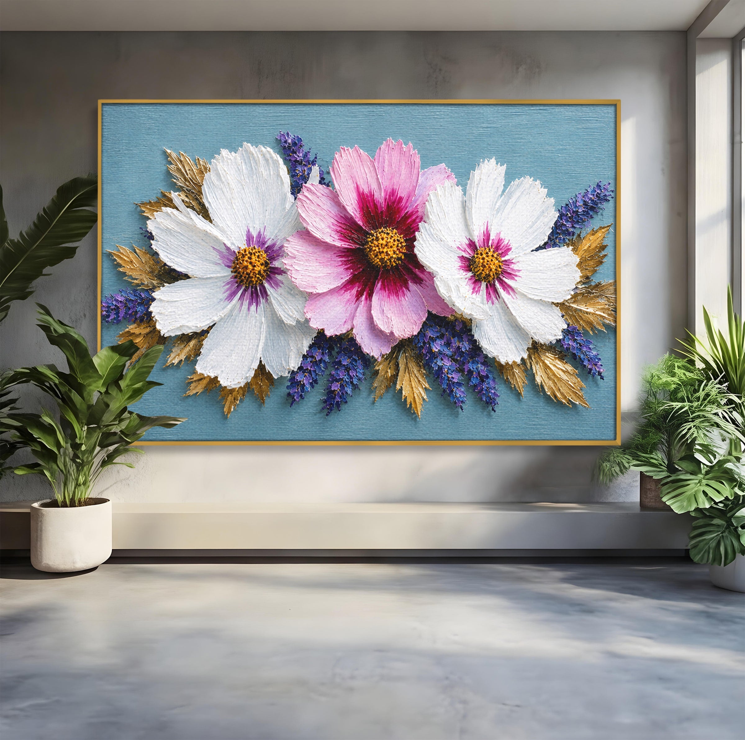 Tablou Canvas Premium LuxCanva® A1796, Trio Floral Pe Lemn, Flori, Natura, Decorativ, Dormitor, Living, Culori Vibrante