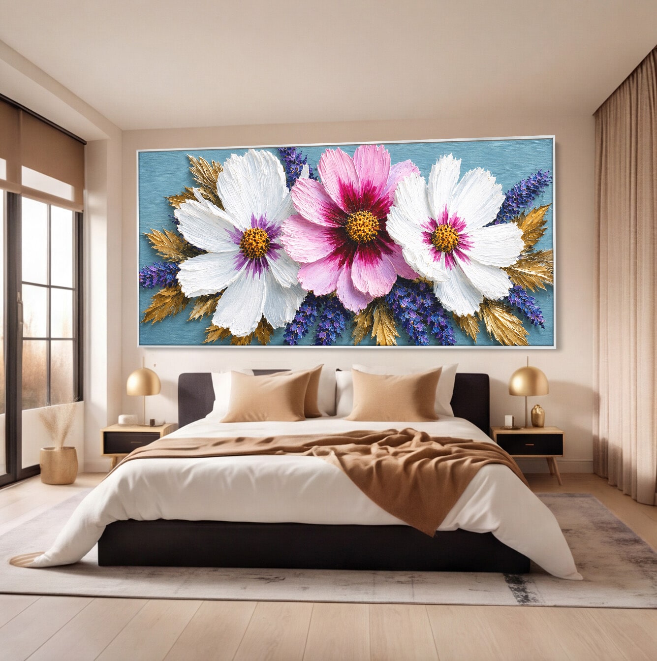Tablou Canvas Premium LuxCanva® A1796, Trio Floral Pe Lemn, Flori, Natura, Decorativ, Dormitor, Living, Culori Vibrante