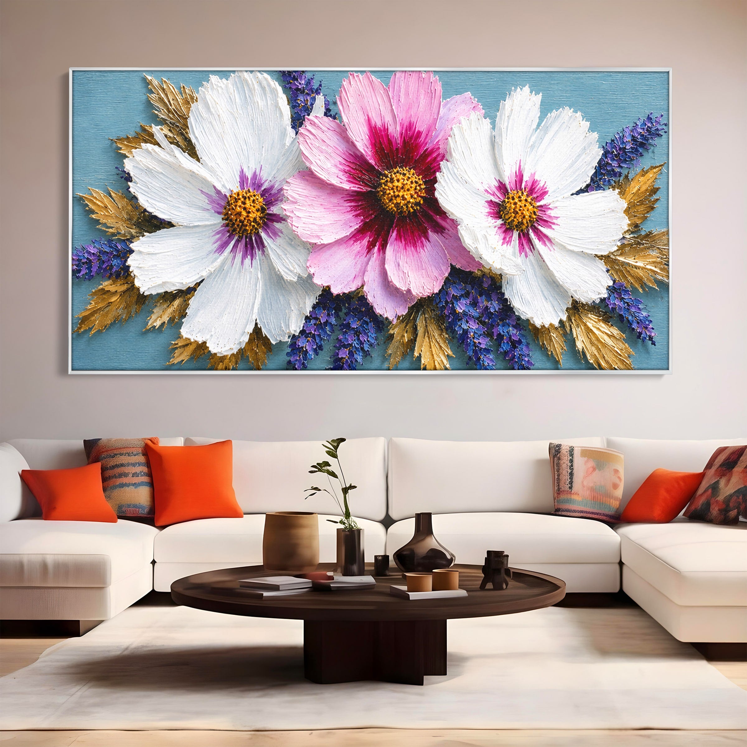 Tablou Canvas Premium LuxCanva® A1796, Trio Floral Pe Lemn, Flori, Natura, Decorativ, Dormitor, Living, Culori Vibrante