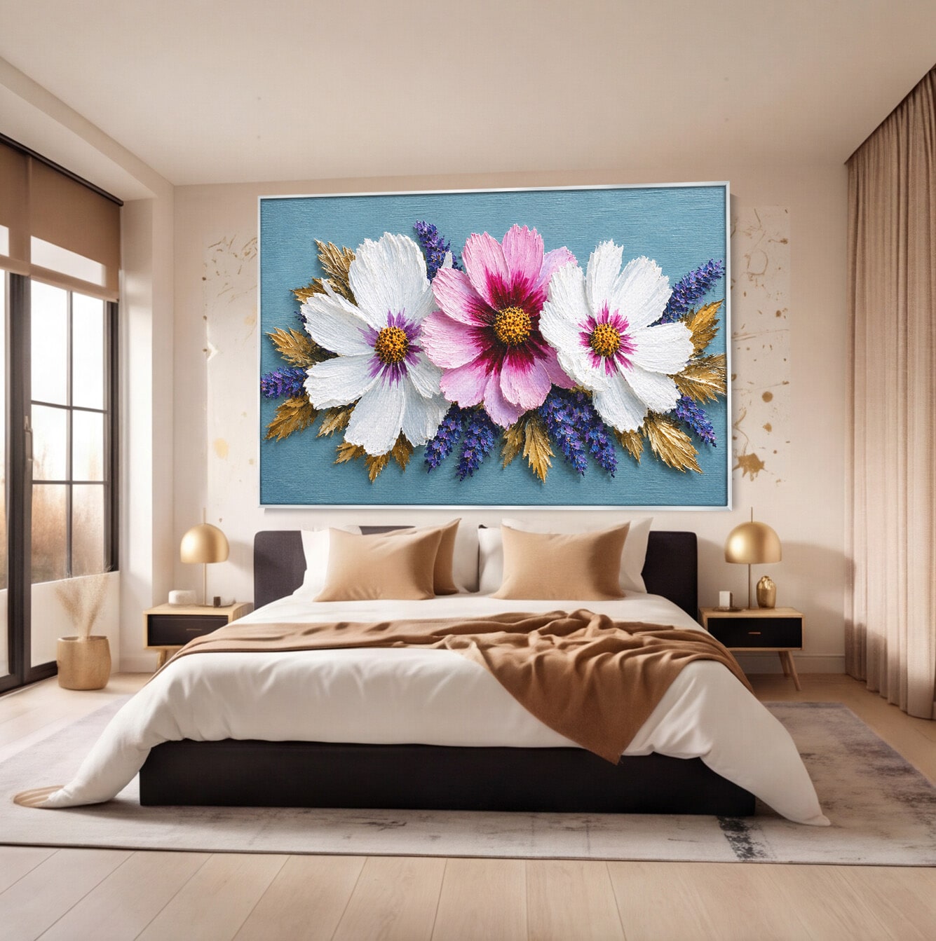 Tablou Canvas Premium LuxCanva® A1796, Trio Floral Pe Lemn, Flori, Natura, Decorativ, Dormitor, Living, Culori Vibrante