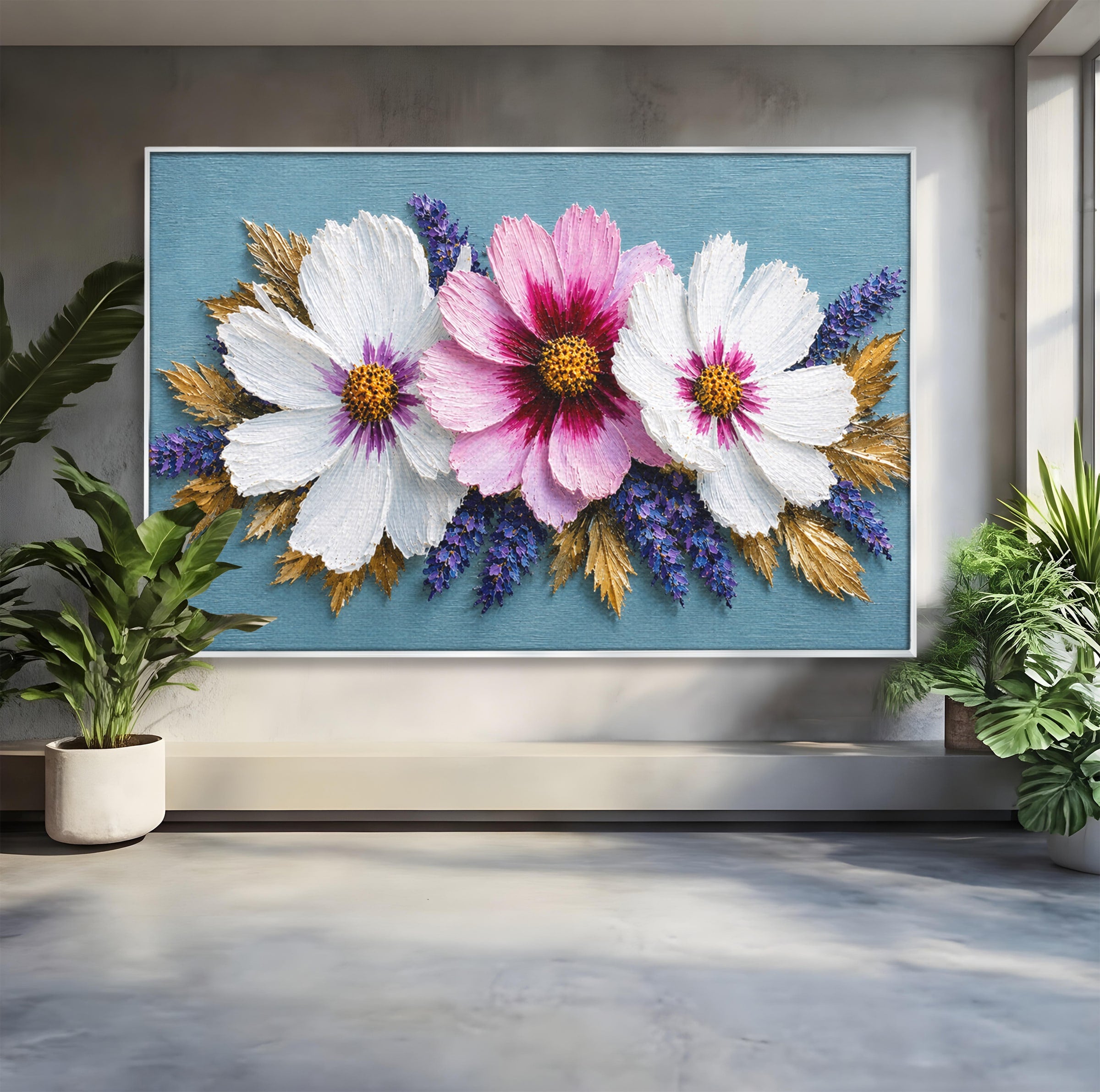 Tablou Canvas Premium LuxCanva® A1796, Trio Floral Pe Lemn, Flori, Natura, Decorativ, Dormitor, Living, Culori Vibrante
