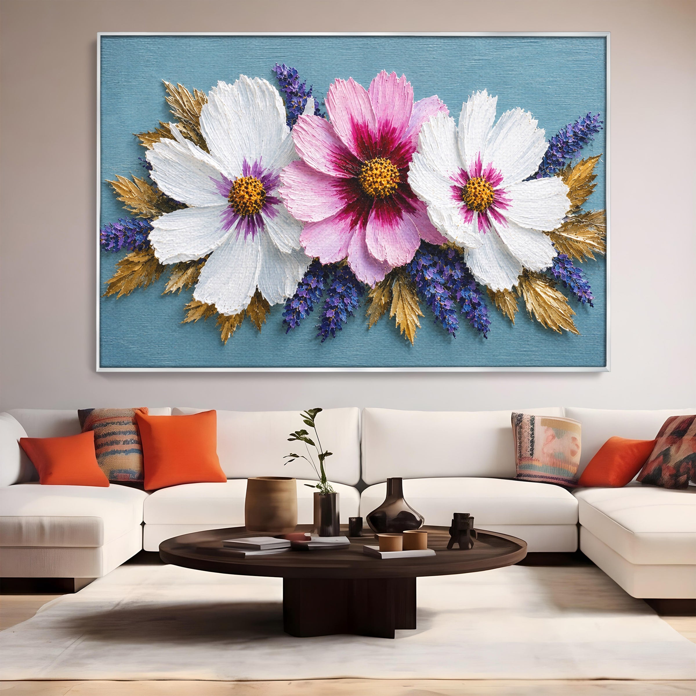 Tablou Canvas Premium LuxCanva® A1796, Trio Floral Pe Lemn, Flori, Natura, Decorativ, Dormitor, Living, Culori Vibrante