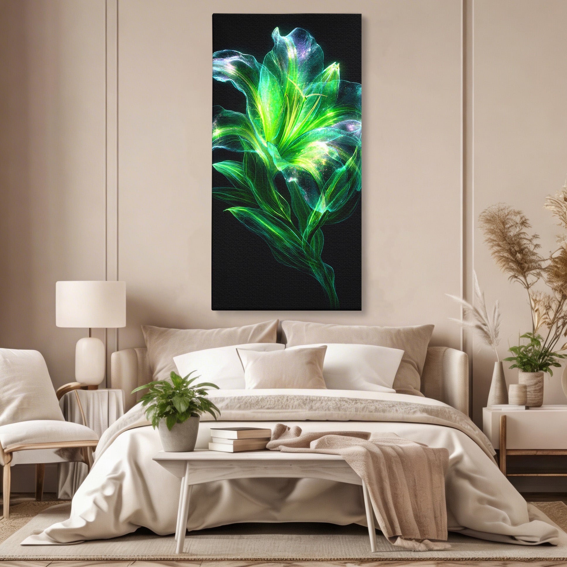 Tablou Canvas Premium LuxCanva® A1798, Floare Neon Luminoasa, Floare, Natura, Arta Digitala, Lumina, Dormitor, Culori Vibrante