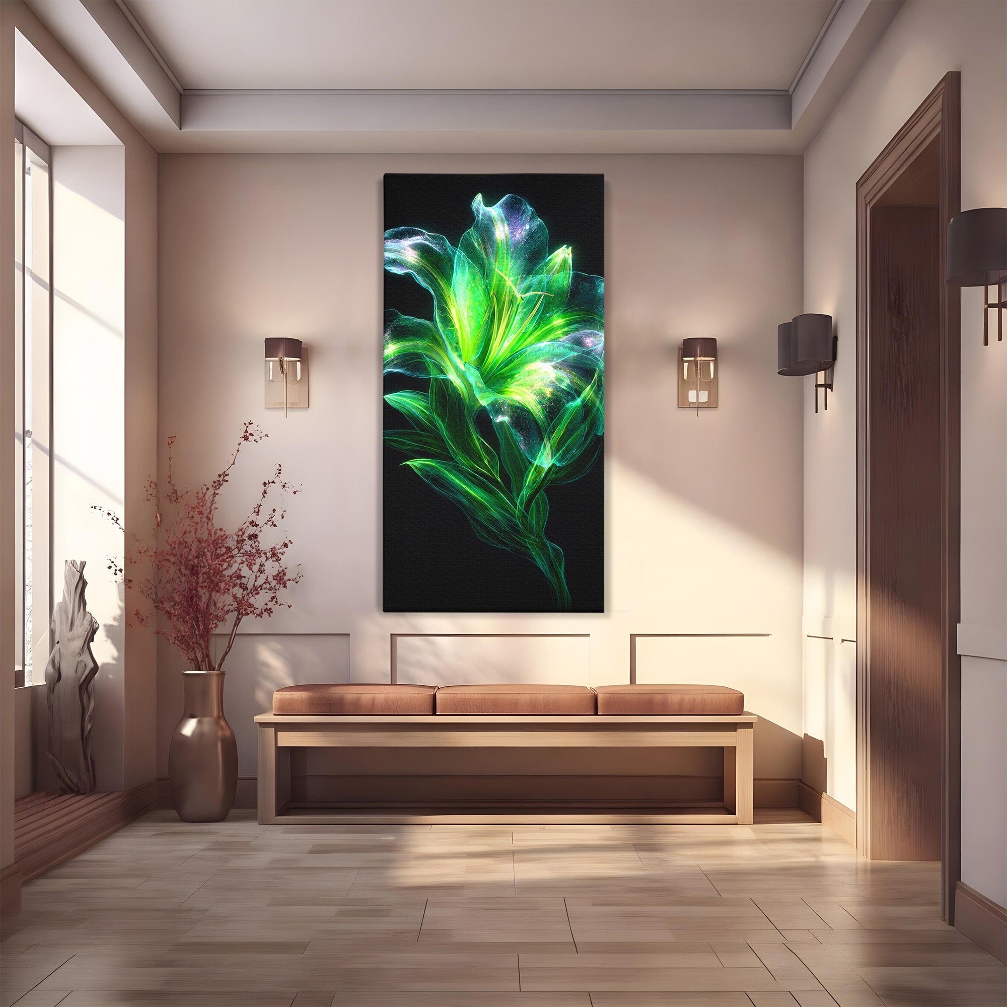 Tablou Canvas Premium LuxCanva® A1798, Floare Neon Luminoasa, Floare, Natura, Arta Digitala, Lumina, Dormitor, Culori Vibrante