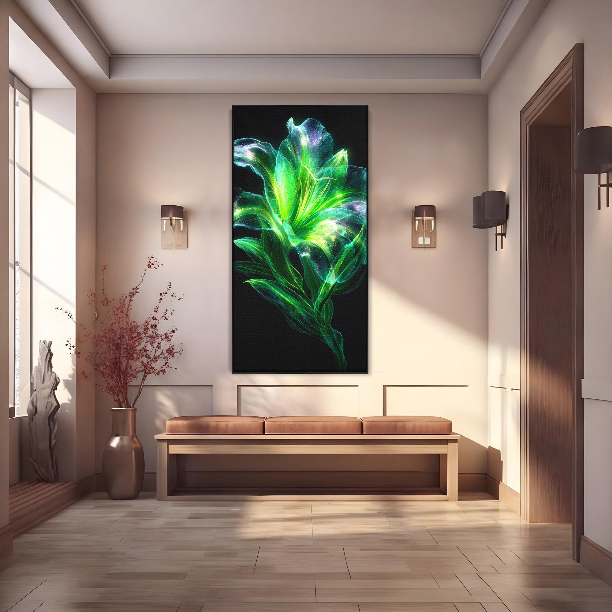 Tablou Canvas Premium LuxCanva® A1798, Floare Neon Luminoasa, Floare, Natura, Arta Digitala, Lumina, Dormitor, Culori Vibrante