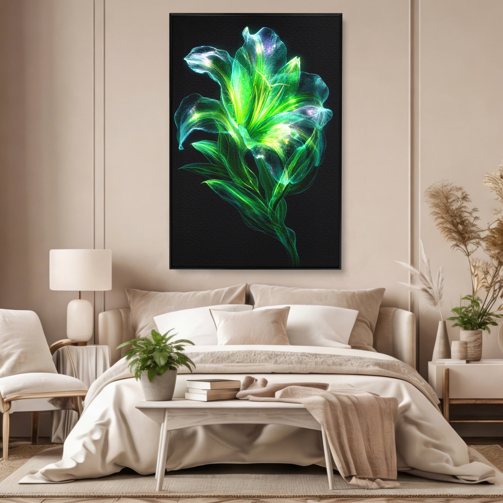 Tablou Canvas Premium LuxCanva® A1798, Floare Neon Luminoasa, Floare, Natura, Arta Digitala, Lumina, Dormitor, Culori Vibrante