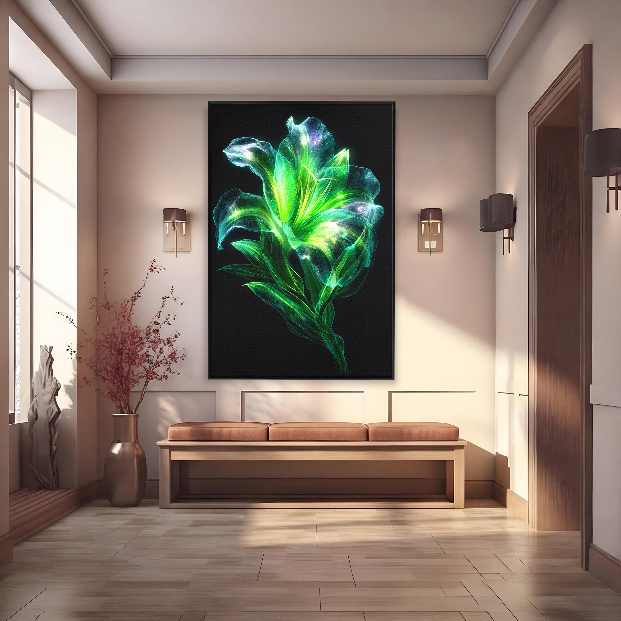 Tablou Canvas Premium LuxCanva® A1798, Floare Neon Luminoasa, Floare, Natura, Arta Digitala, Lumina, Dormitor, Culori Vibrante