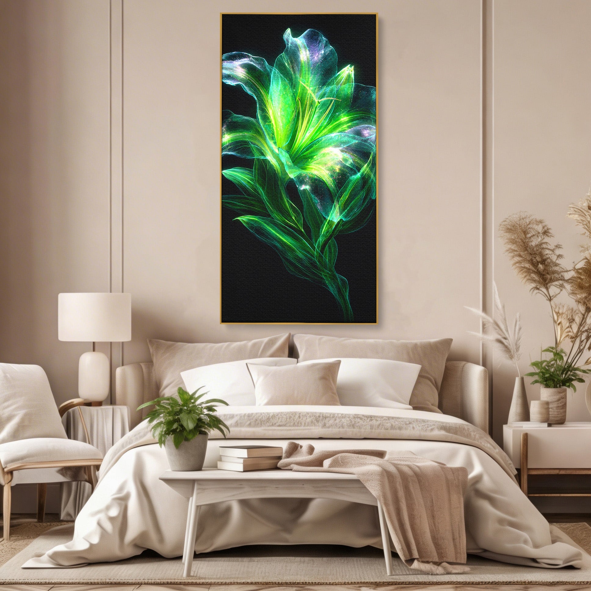 Tablou Canvas Premium LuxCanva® A1798, Floare Neon Luminoasa, Floare, Natura, Arta Digitala, Lumina, Dormitor, Culori Vibrante