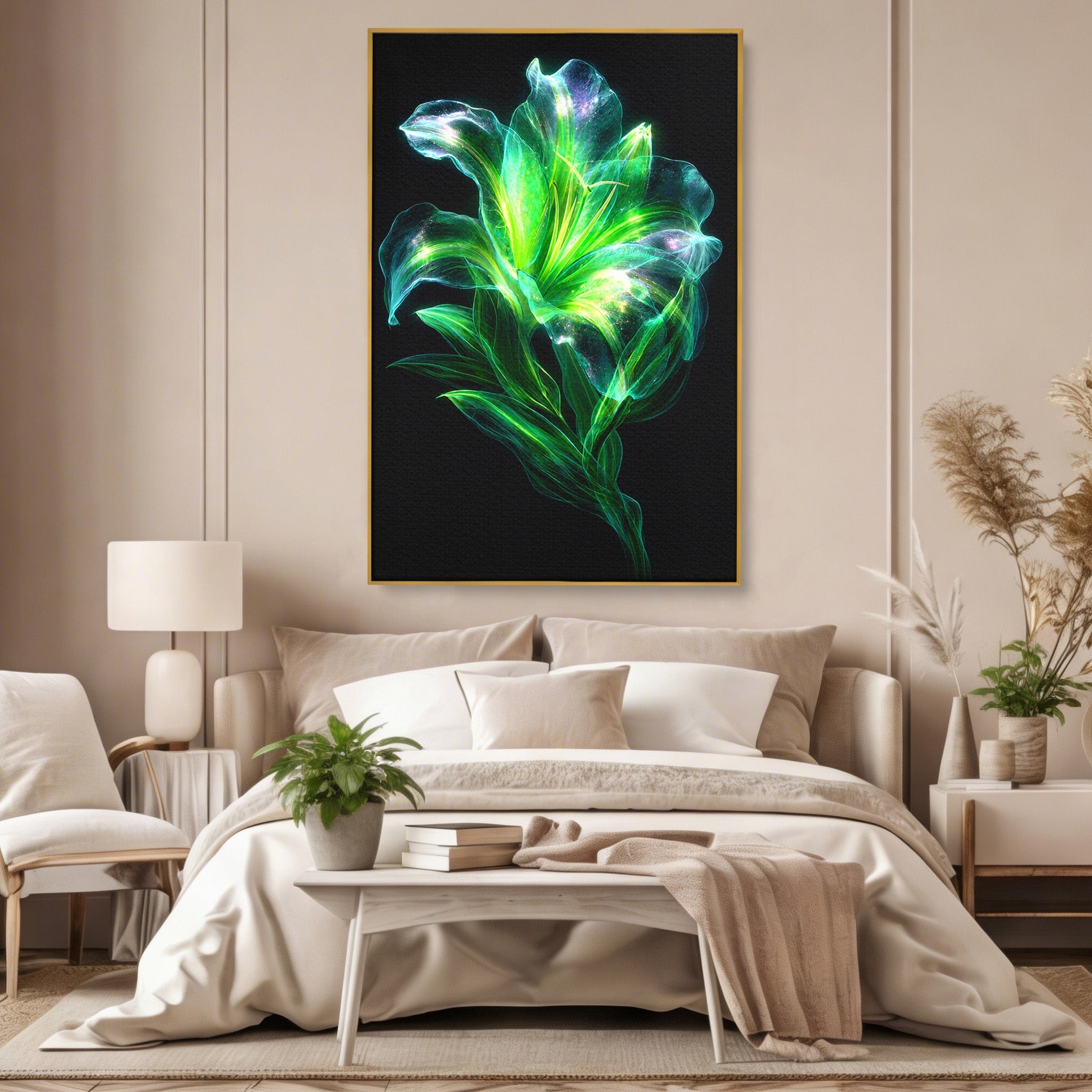 Tablou Canvas Premium LuxCanva® A1798, Floare Neon Luminoasa, Floare, Natura, Arta Digitala, Lumina, Dormitor, Culori Vibrante