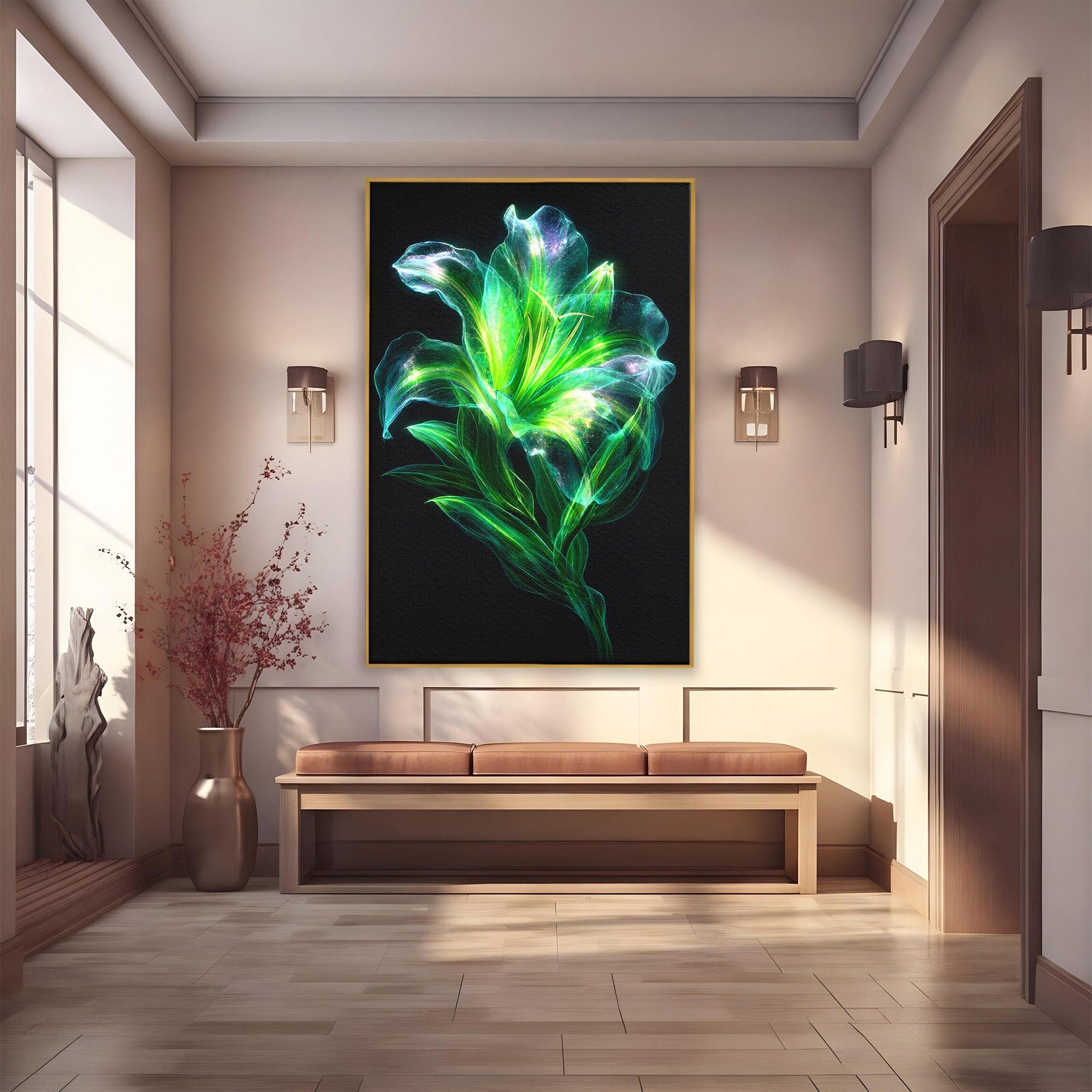 Tablou Canvas Premium LuxCanva® A1798, Floare Neon Luminoasa, Floare, Natura, Arta Digitala, Lumina, Dormitor, Culori Vibrante