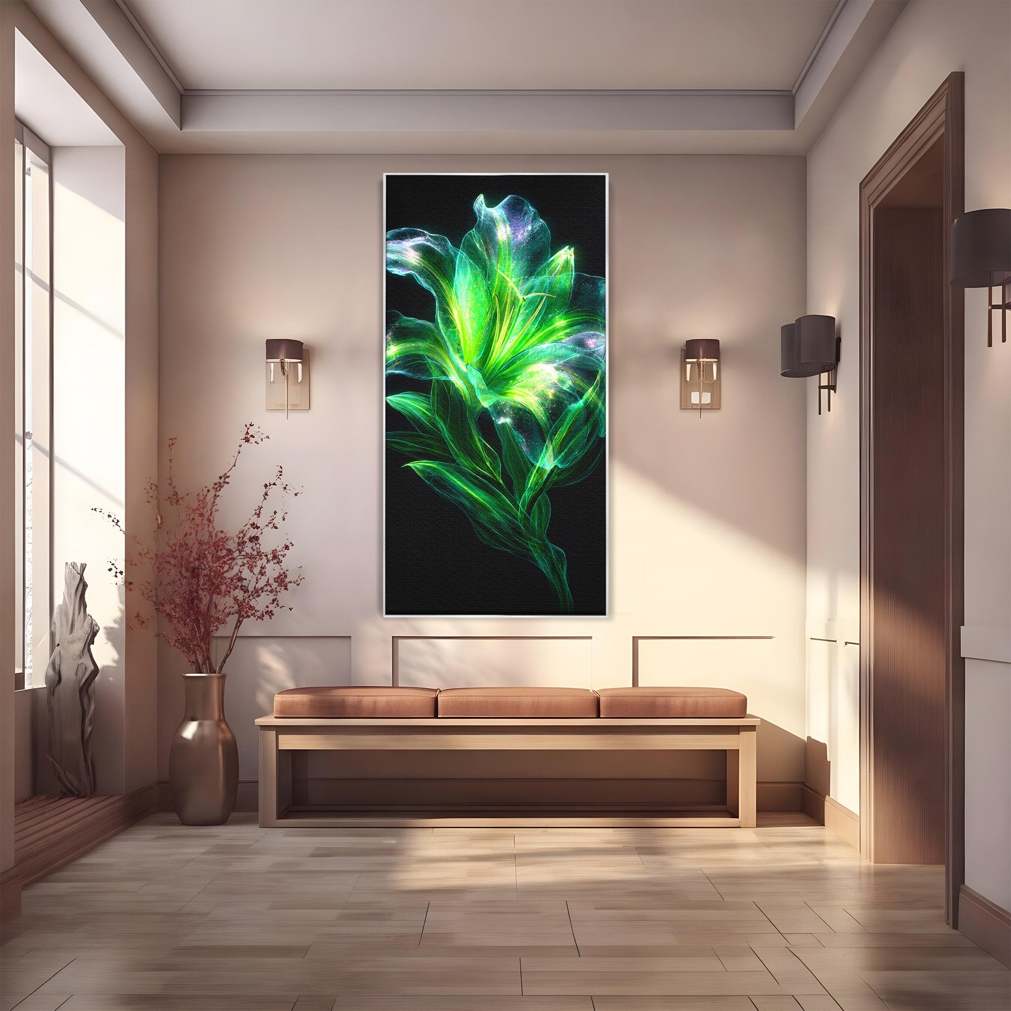 Tablou Canvas Premium LuxCanva® A1798, Floare Neon Luminoasa, Floare, Natura, Arta Digitala, Lumina, Dormitor, Culori Vibrante