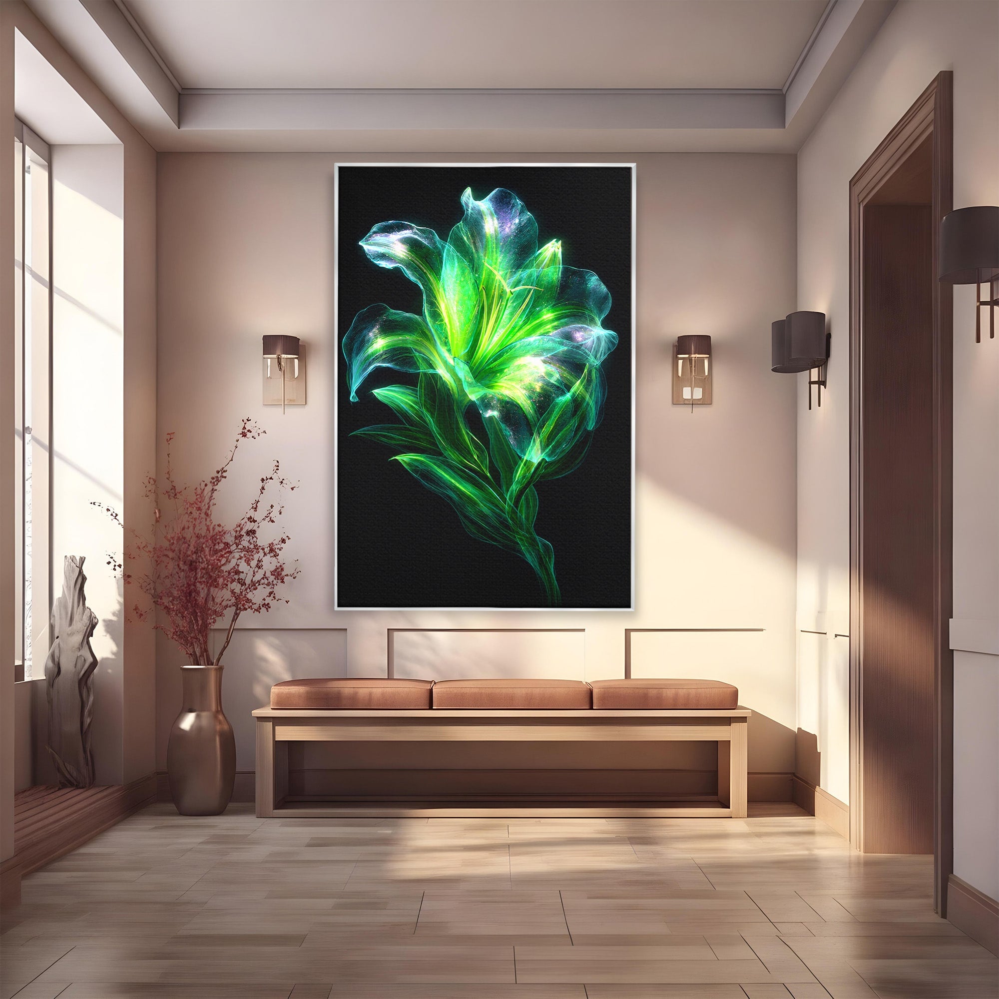 Tablou Canvas Premium LuxCanva® A1798, Floare Neon Luminoasa, Floare, Natura, Arta Digitala, Lumina, Dormitor, Culori Vibrante