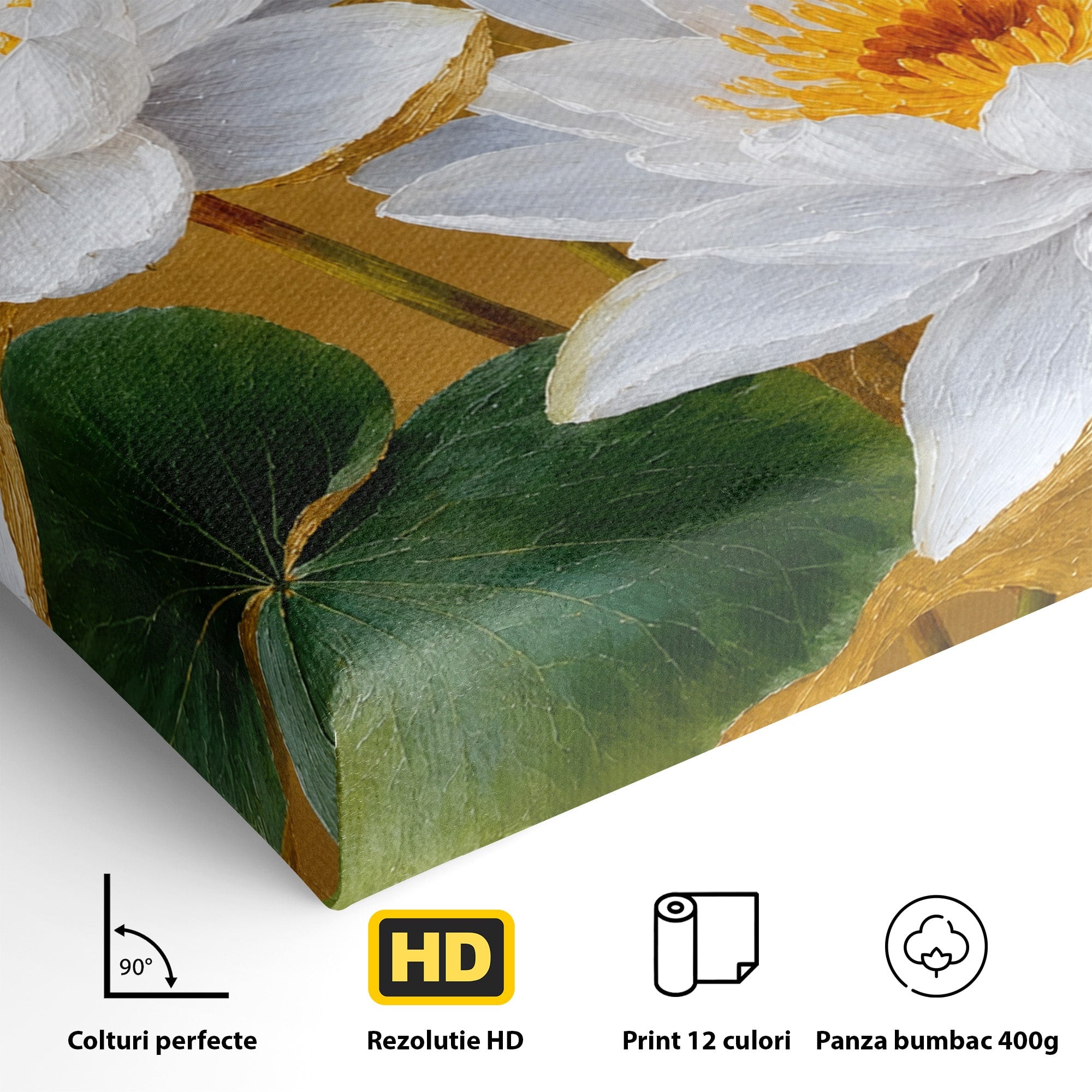 Tablou Canvas Premium LuxCanva® A1800, Serenitate Aurie, Flori, Lotus, Natura, Living, Dormitor, Culori Vibrante