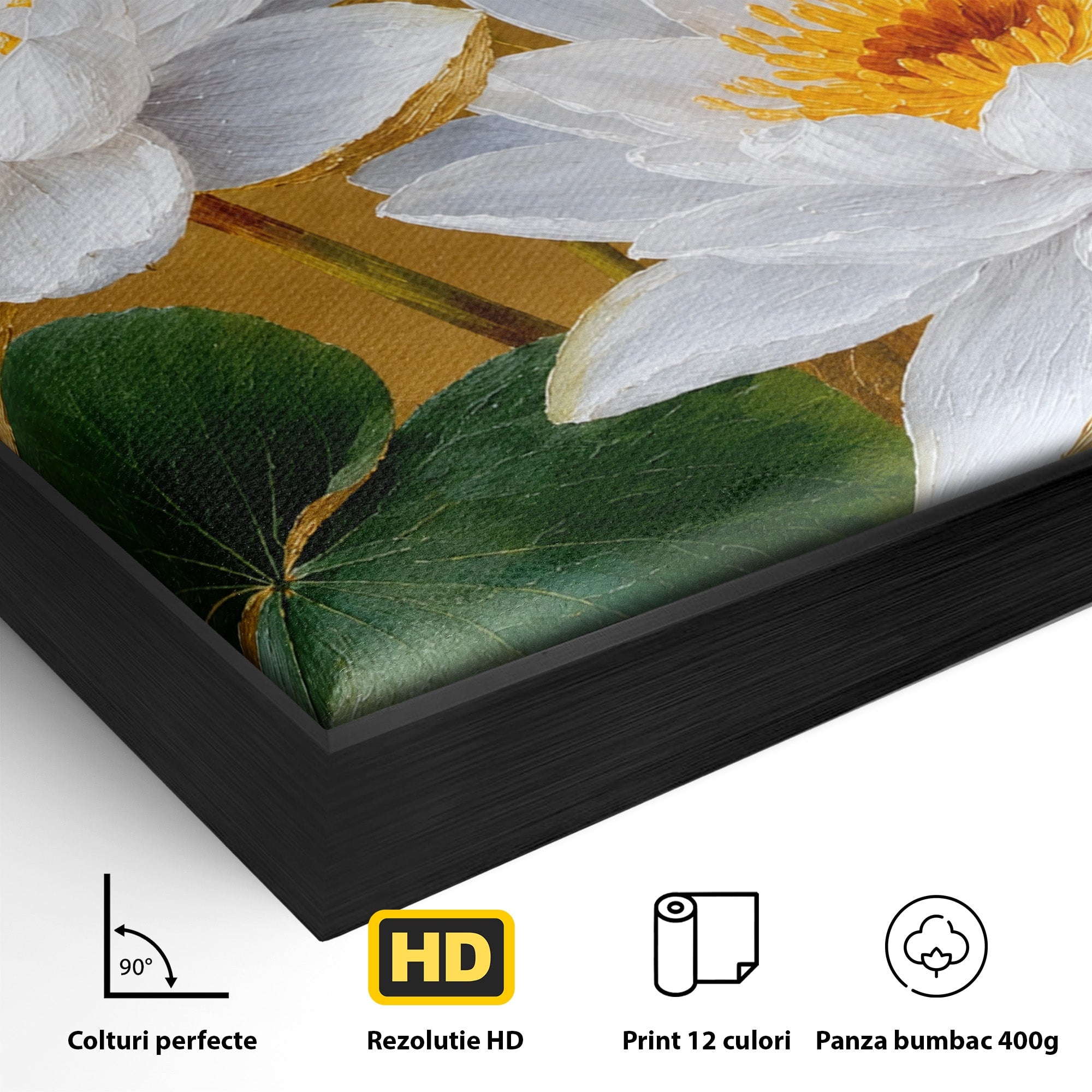 Tablou Canvas Premium LuxCanva® A1800, Serenitate Aurie, Flori, Lotus, Natura, Living, Dormitor, Culori Vibrante