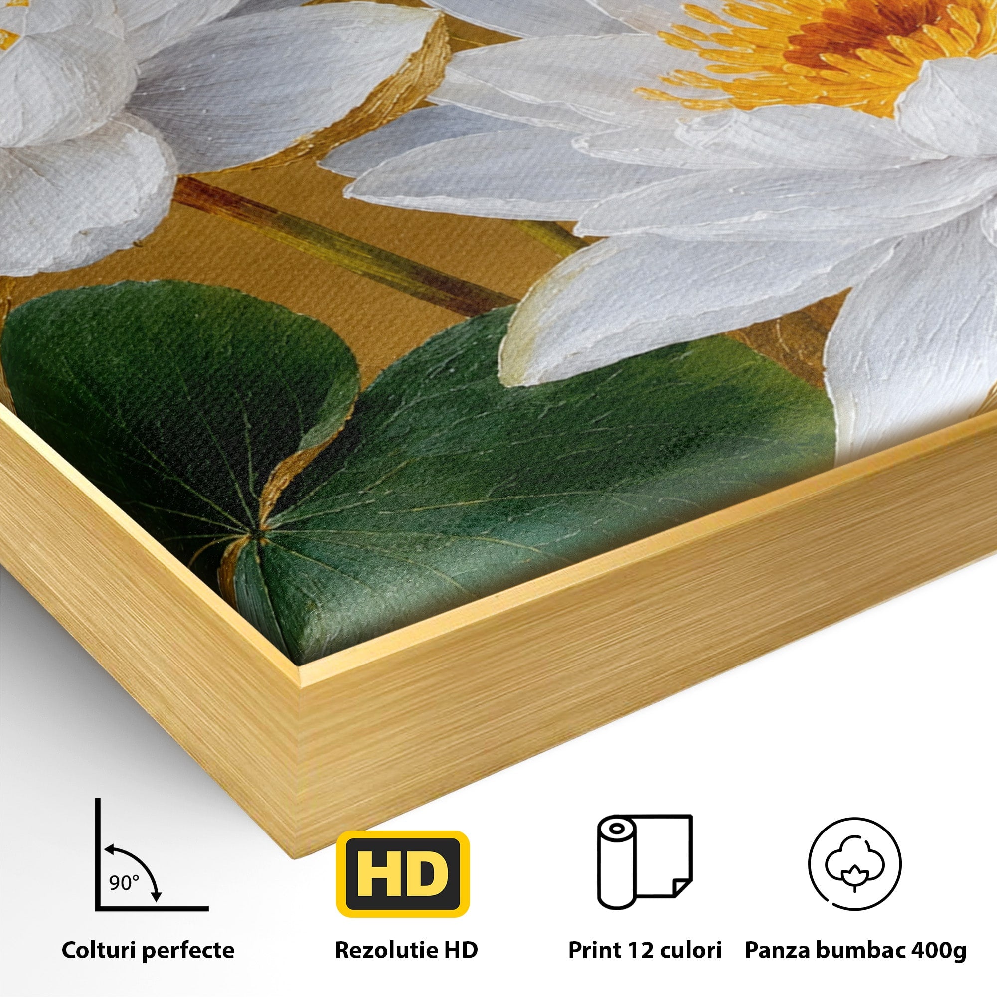 Tablou Canvas Premium LuxCanva® A1800, Serenitate Aurie, Flori, Lotus, Natura, Living, Dormitor, Culori Vibrante